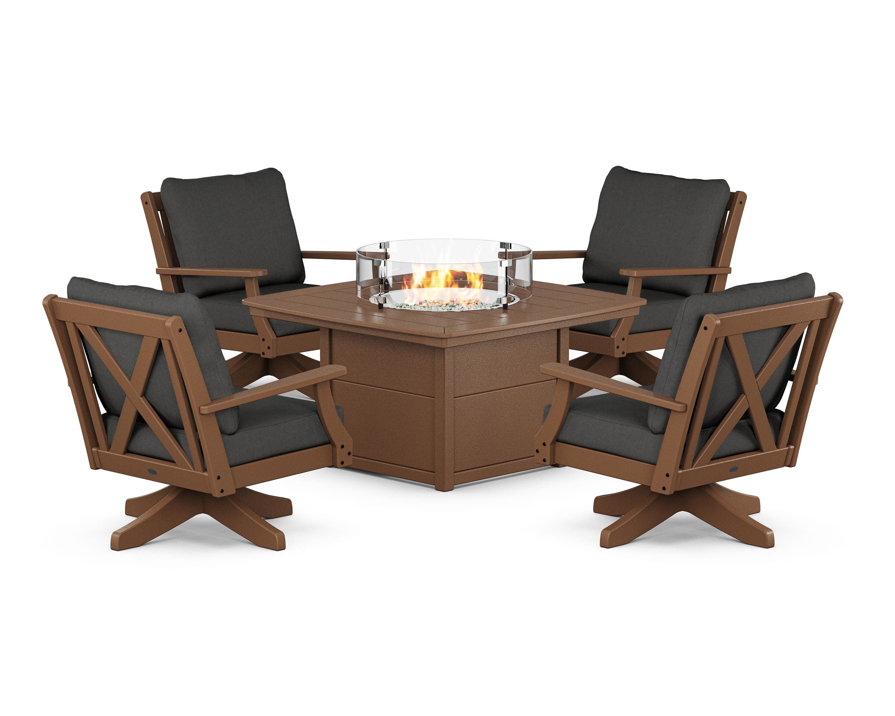Braxton 5-Piece Deep Seating Swivel Conversation Set with Fire Pit Table in Teak / Spectrum Carbon