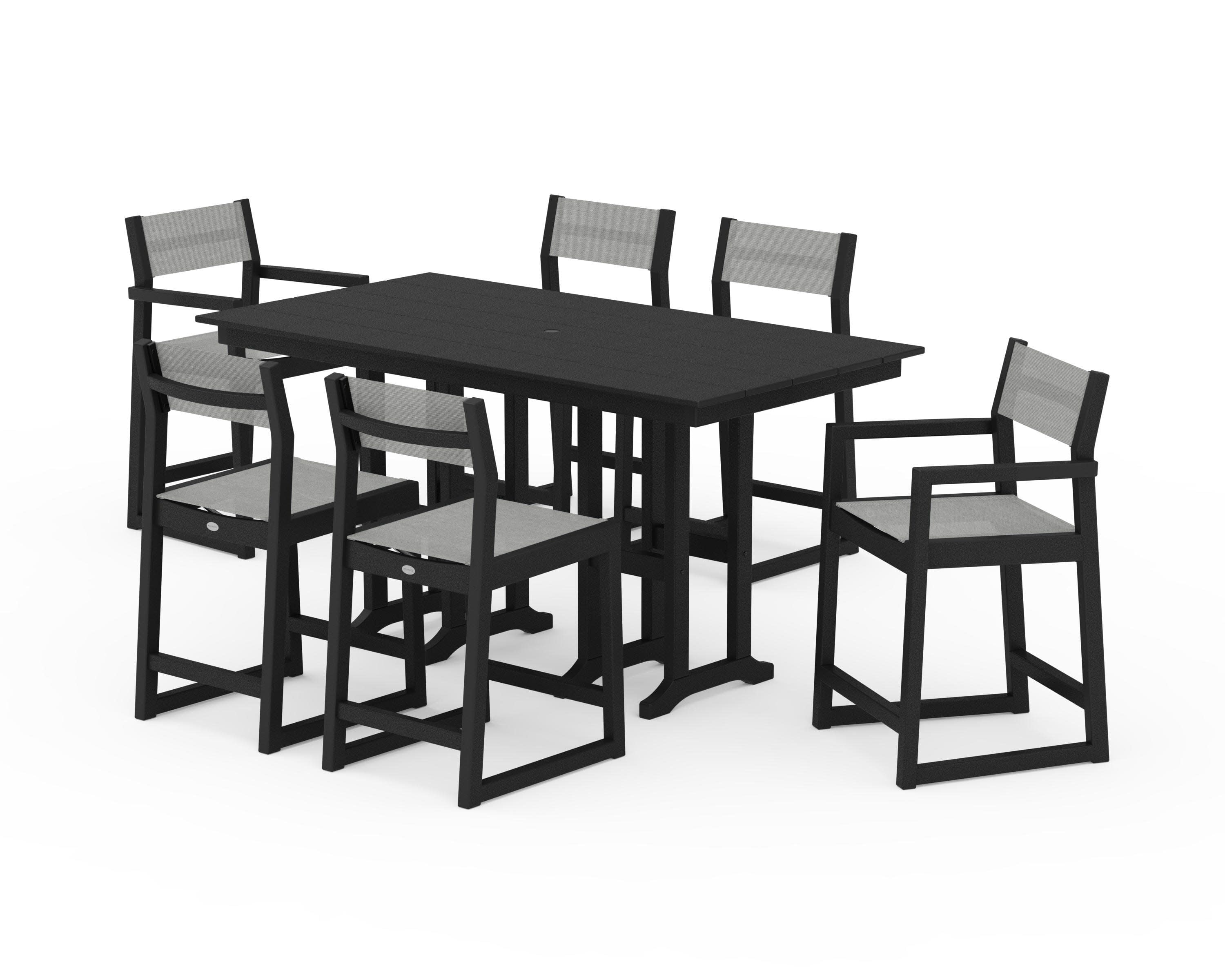 EDGE Sling 7-Piece Farmhouse Counter Set with Trestle Legs in Black / Metallic Sling