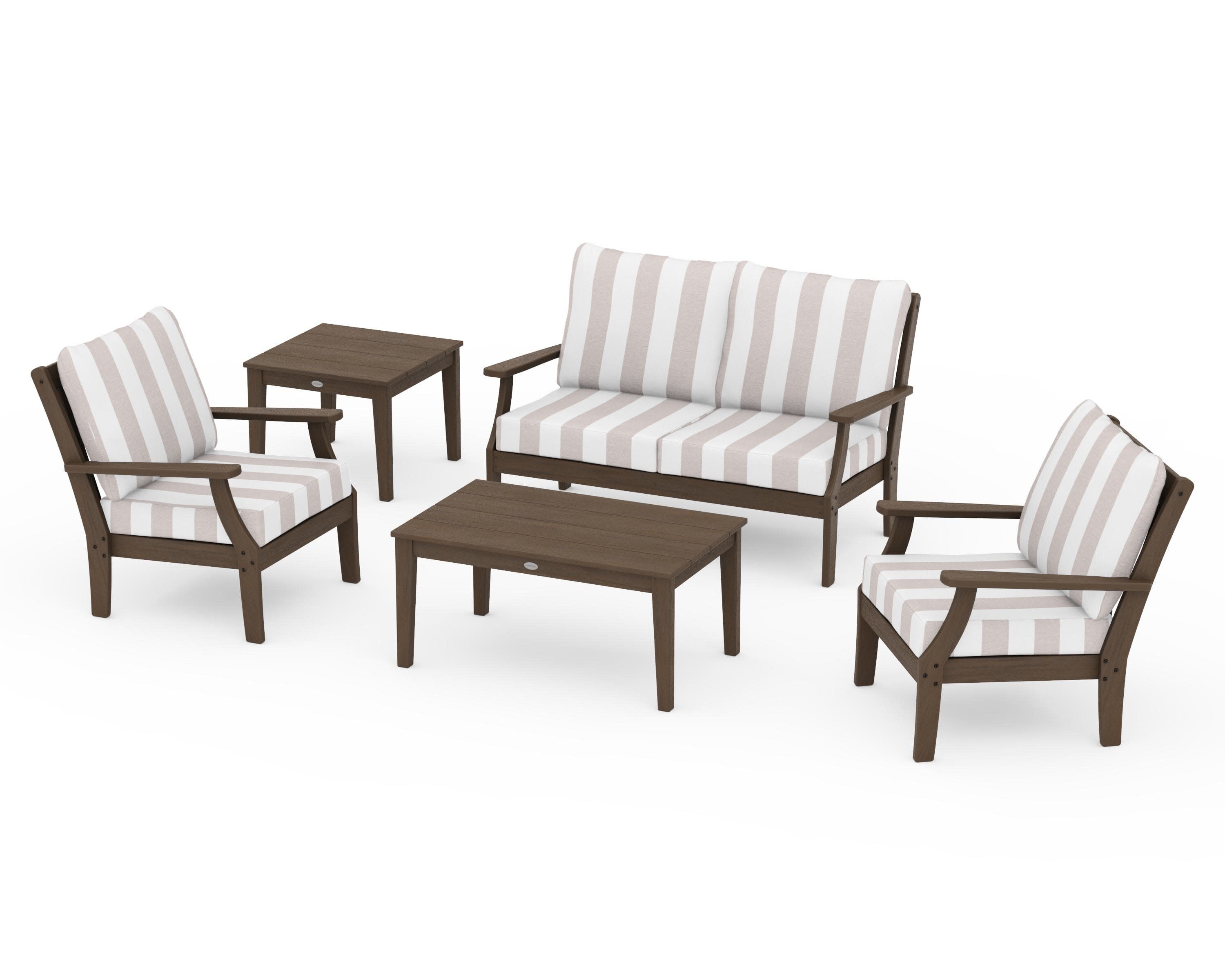Braxton 5-Piece Deep Seating Set in Kona / Cabana Stripe Dune Burlap