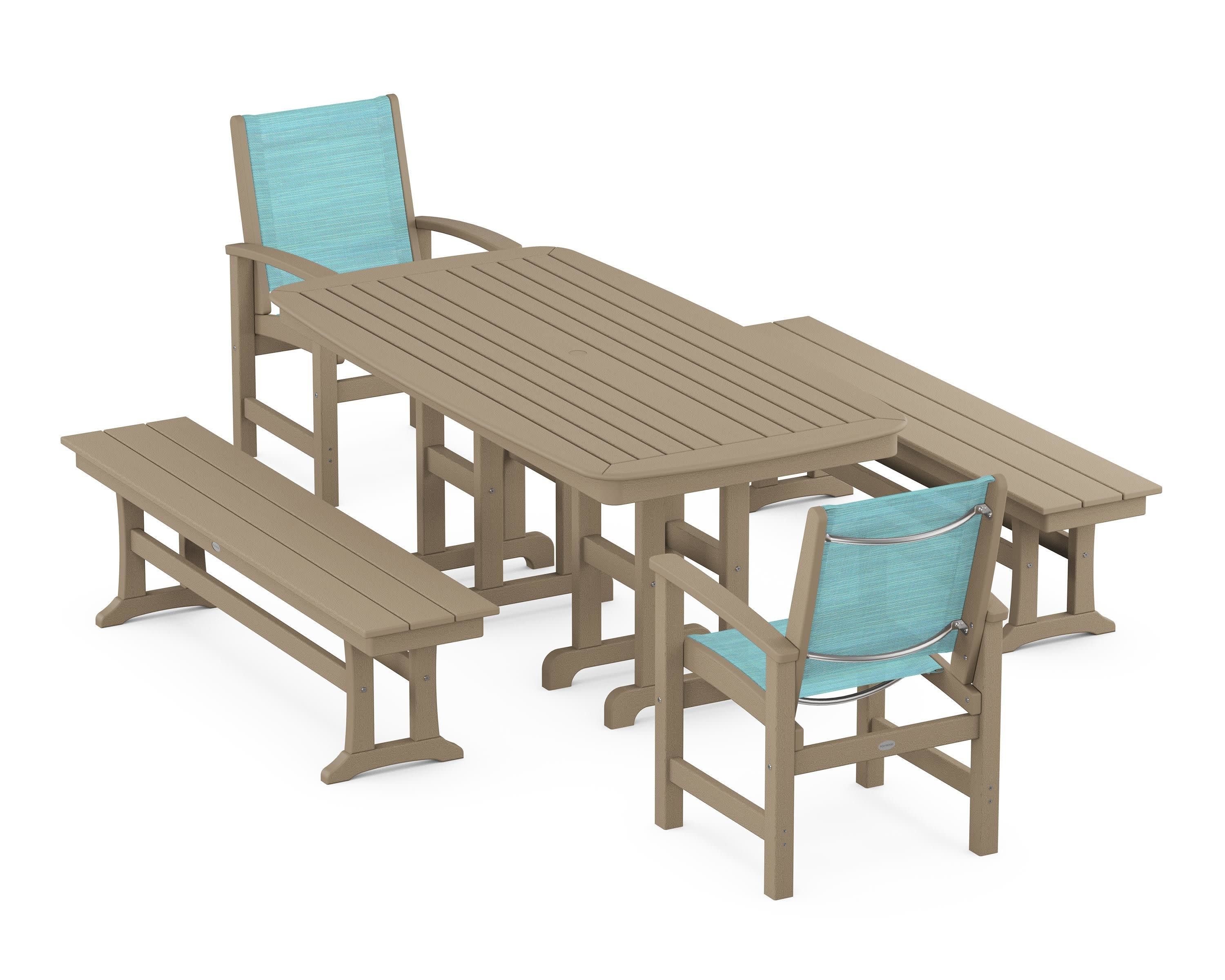 Coastal 5-Piece Dining Set in Vintage Sahara / Dupioni Aquamarine Sling