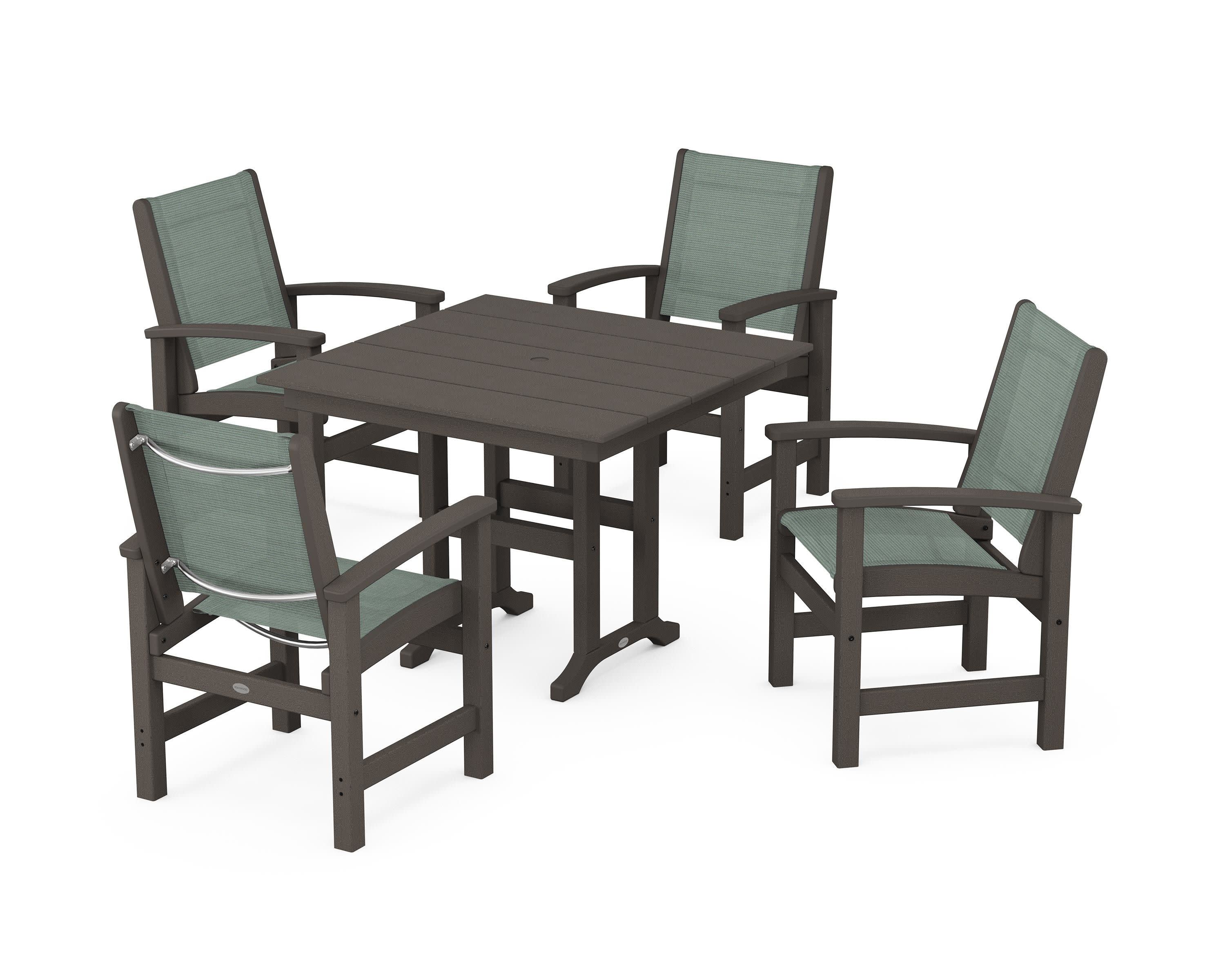 Coastal 5-Piece Farmhouse Dining Set in Vintage Coffee / Dupioni Sea Mist Sling