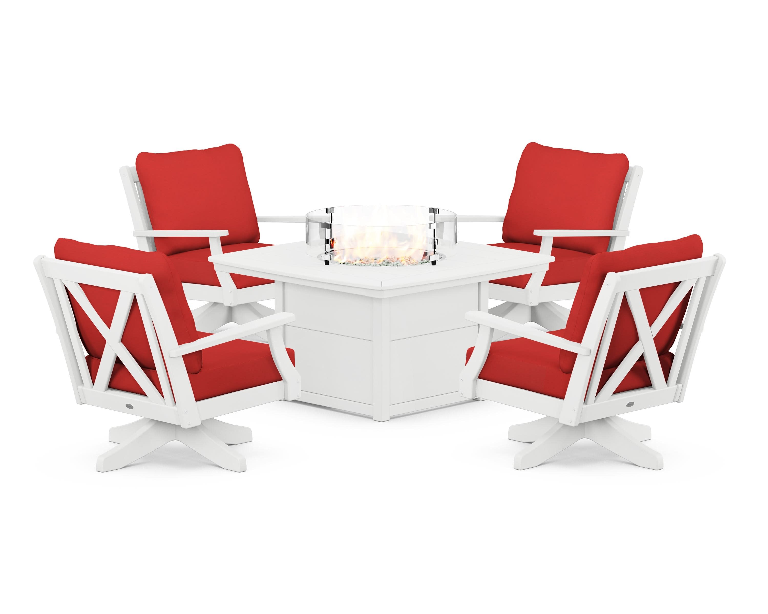 Braxton 5-Piece Deep Seating Swivel Conversation Set with Fire Pit Table in White / Crimson Linen