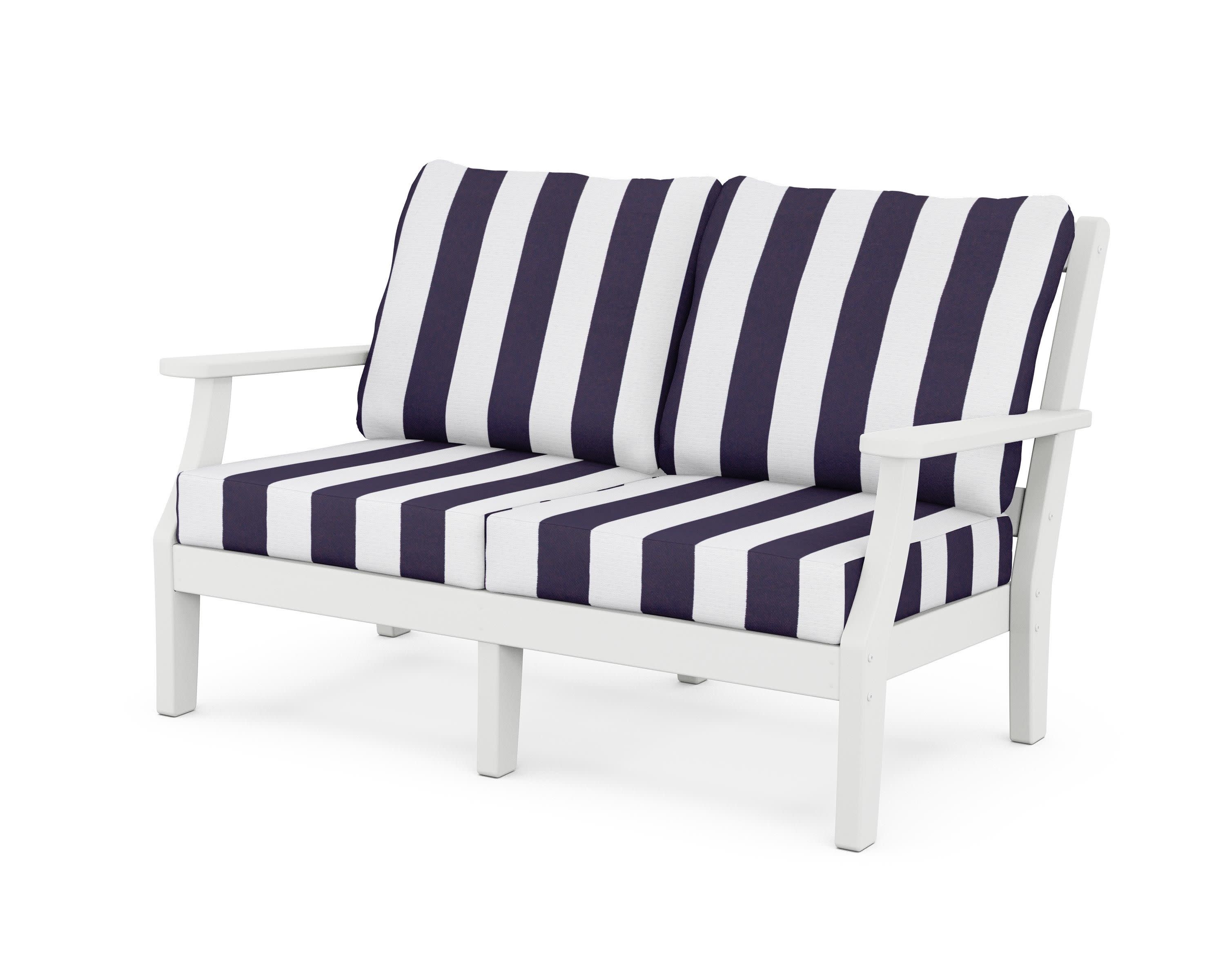Chinoiserie Deep Seating Loveseat in White / Cabana Stripe Navy