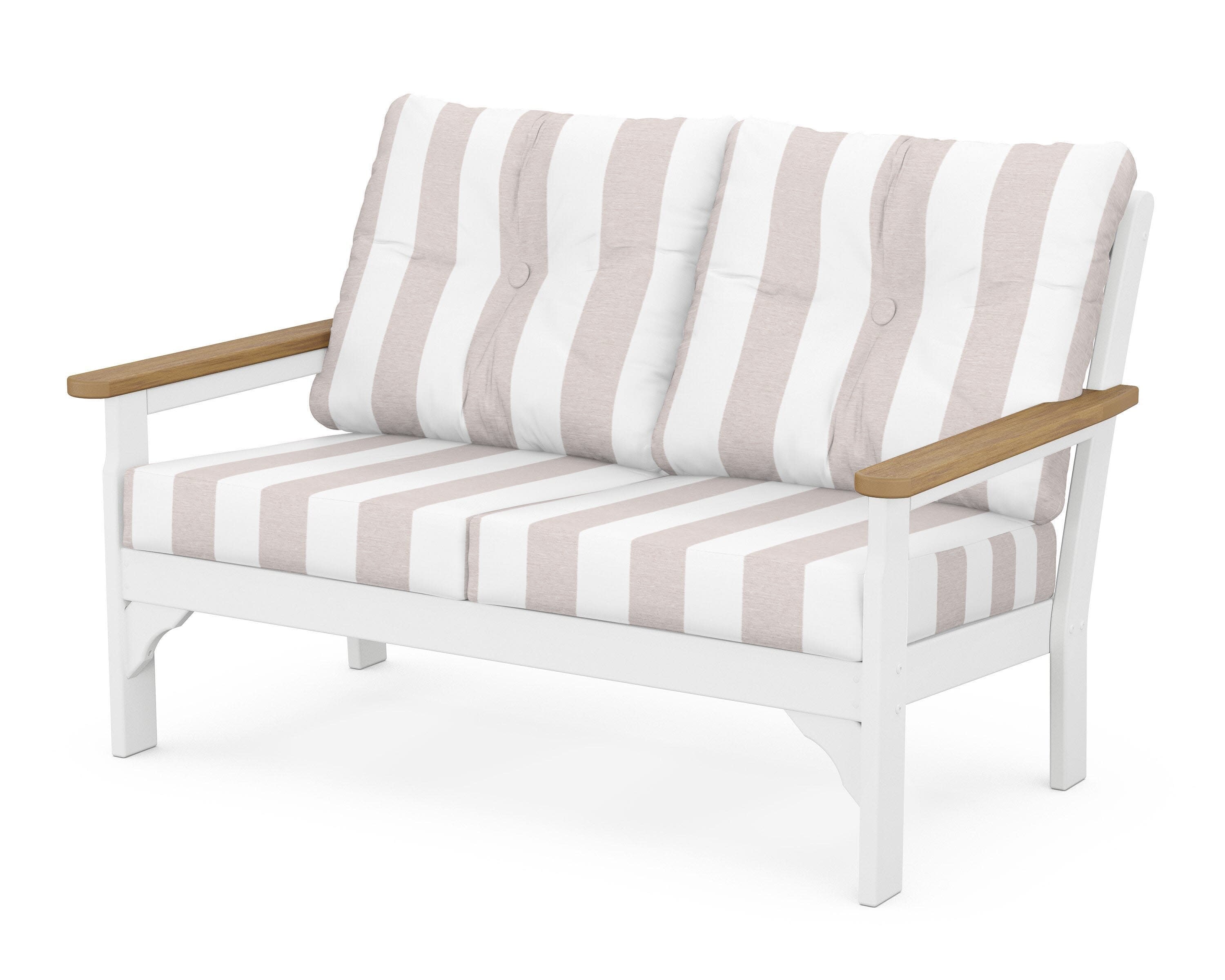 Vineyard Deep Seating Loveseat in White / Natural / Cabana Stripe Dune Burlap