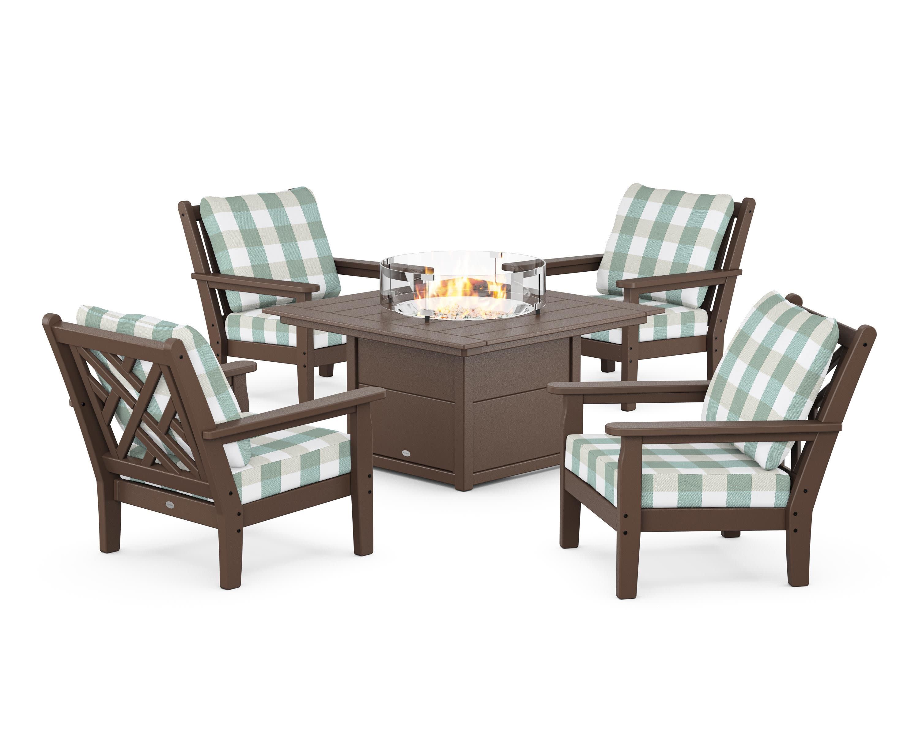 Chippendale 5-Piece Deep Seating Set with Fire Pit Table in Mahogany / Buffalo Plaid Glacier Spa