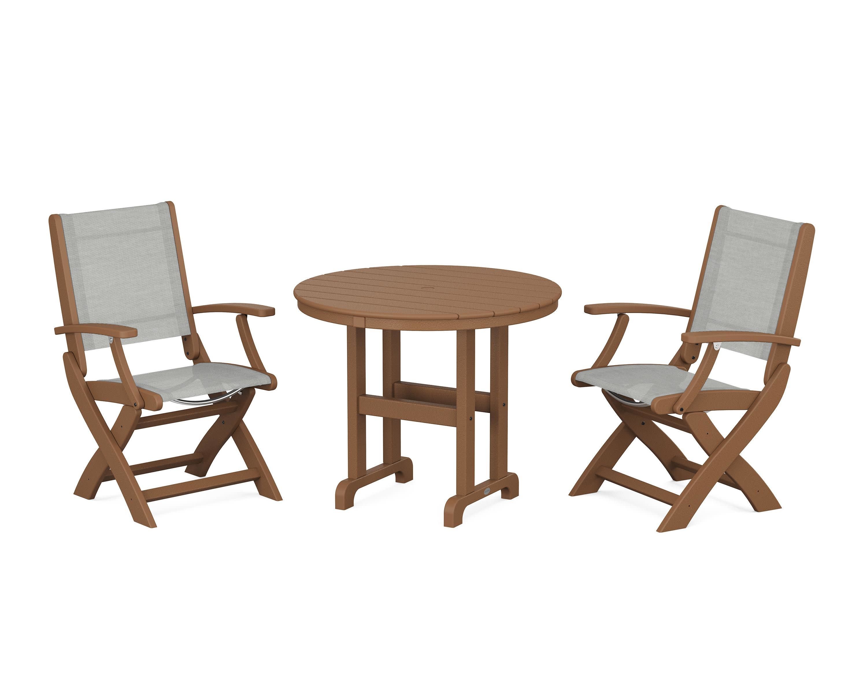 Coastal Folding Chair 3-Piece Round Dining Set in Teak / Metallic Sling
