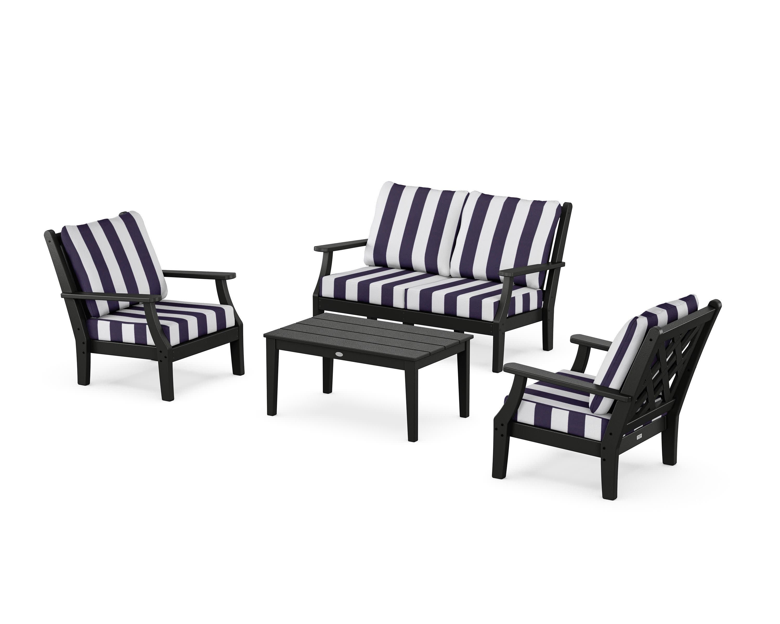 Wovendale 4-Piece Deep Seating Set with Loveseat in Black / Cabana Stripe Navy