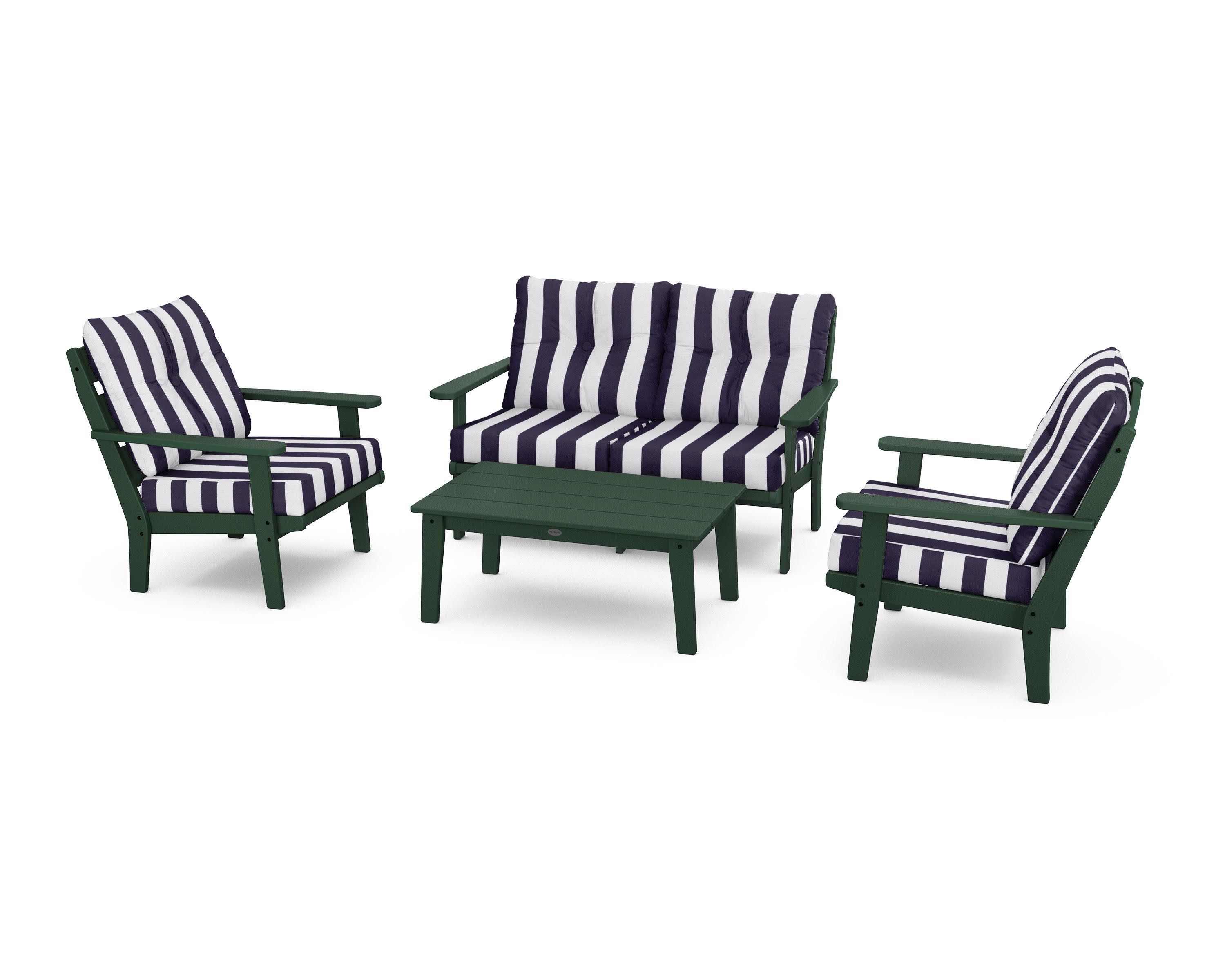 Lakeside 4-Piece Deep Seating Set in Green / Cabana Stripe Navy