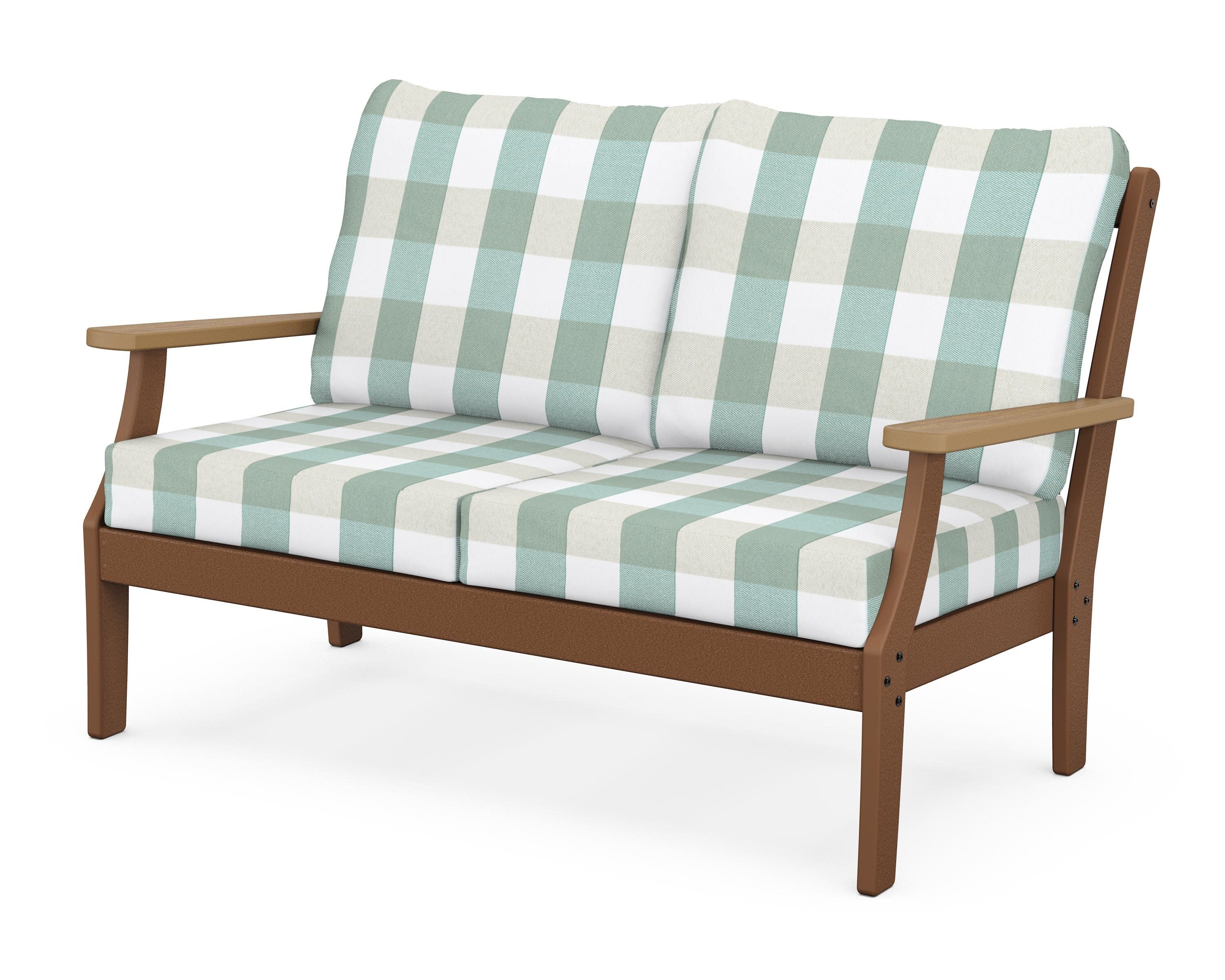 Braxton Deep Seating Loveseat in Teak / Natural / Buffalo Plaid Glacier Spa