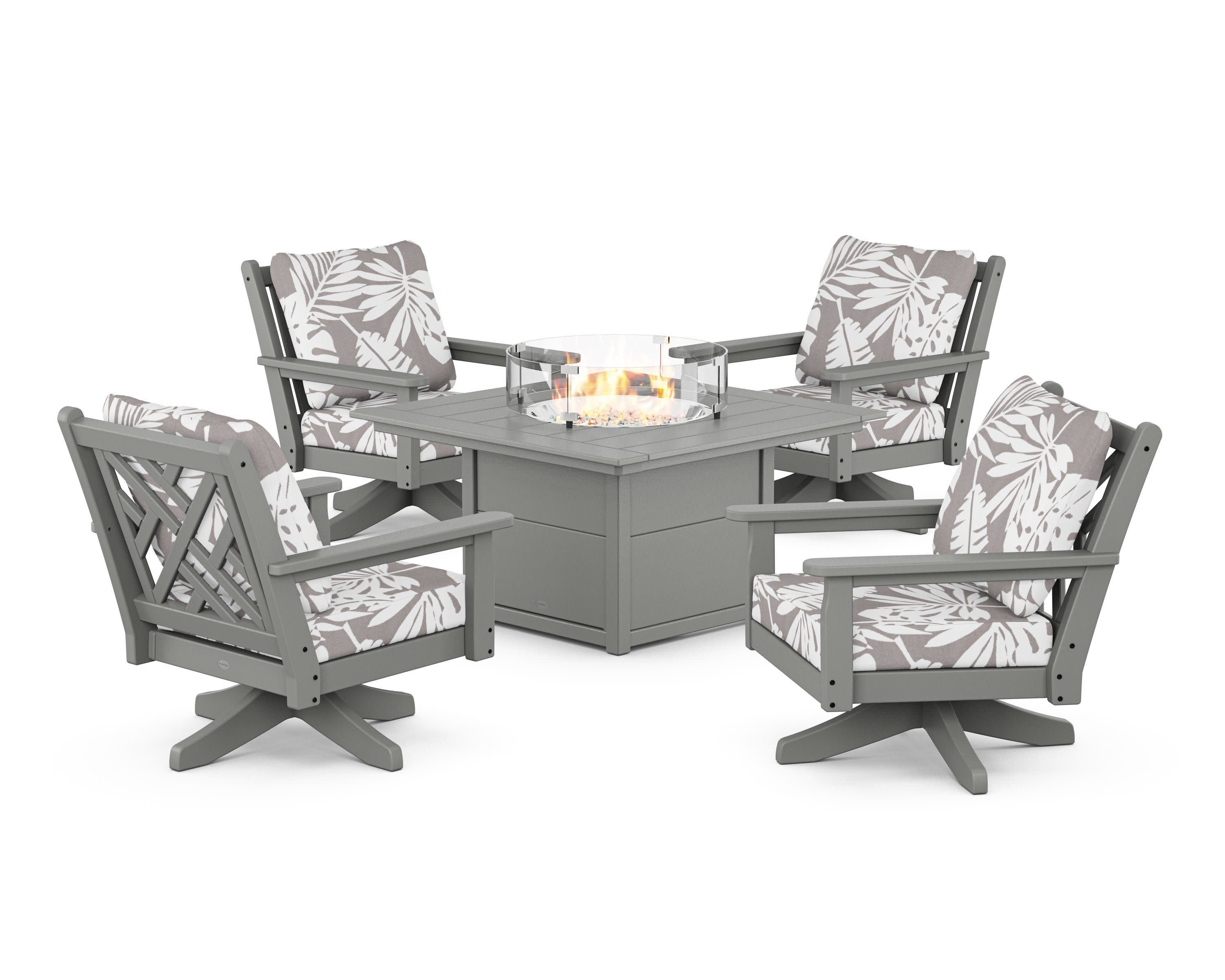 Chippendale 5-Piece Deep Seating Swivel Conversation Set with Fire Pit Table in Slate Grey / Leaf Grey Mist