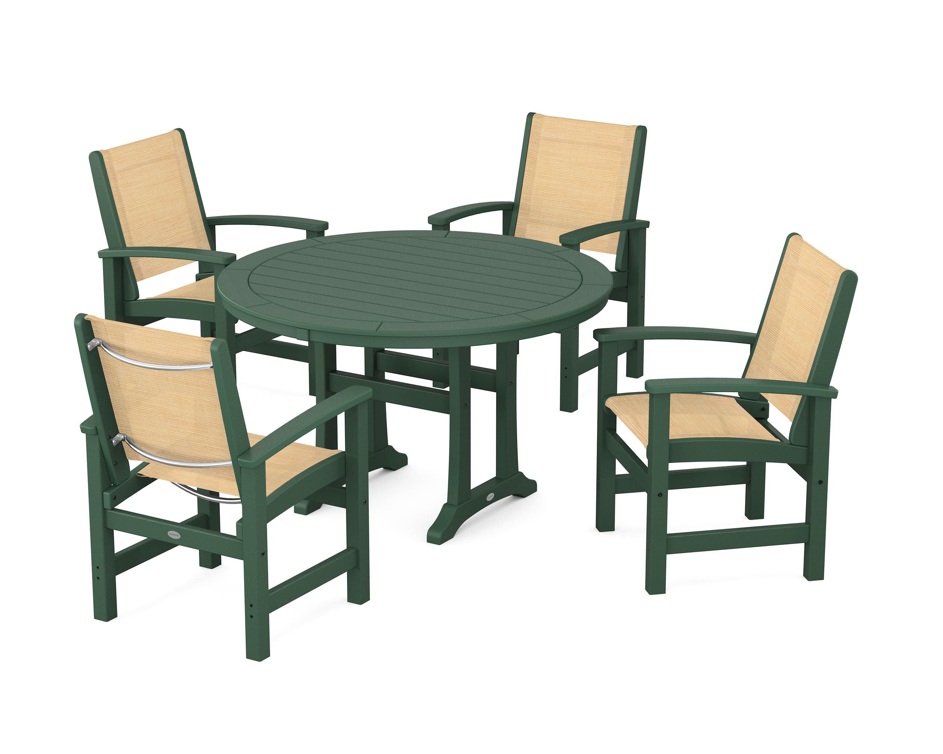 Coastal 5-Piece Round Dining Set with Trestle Legs in Green / Dupioni Apricot Sling