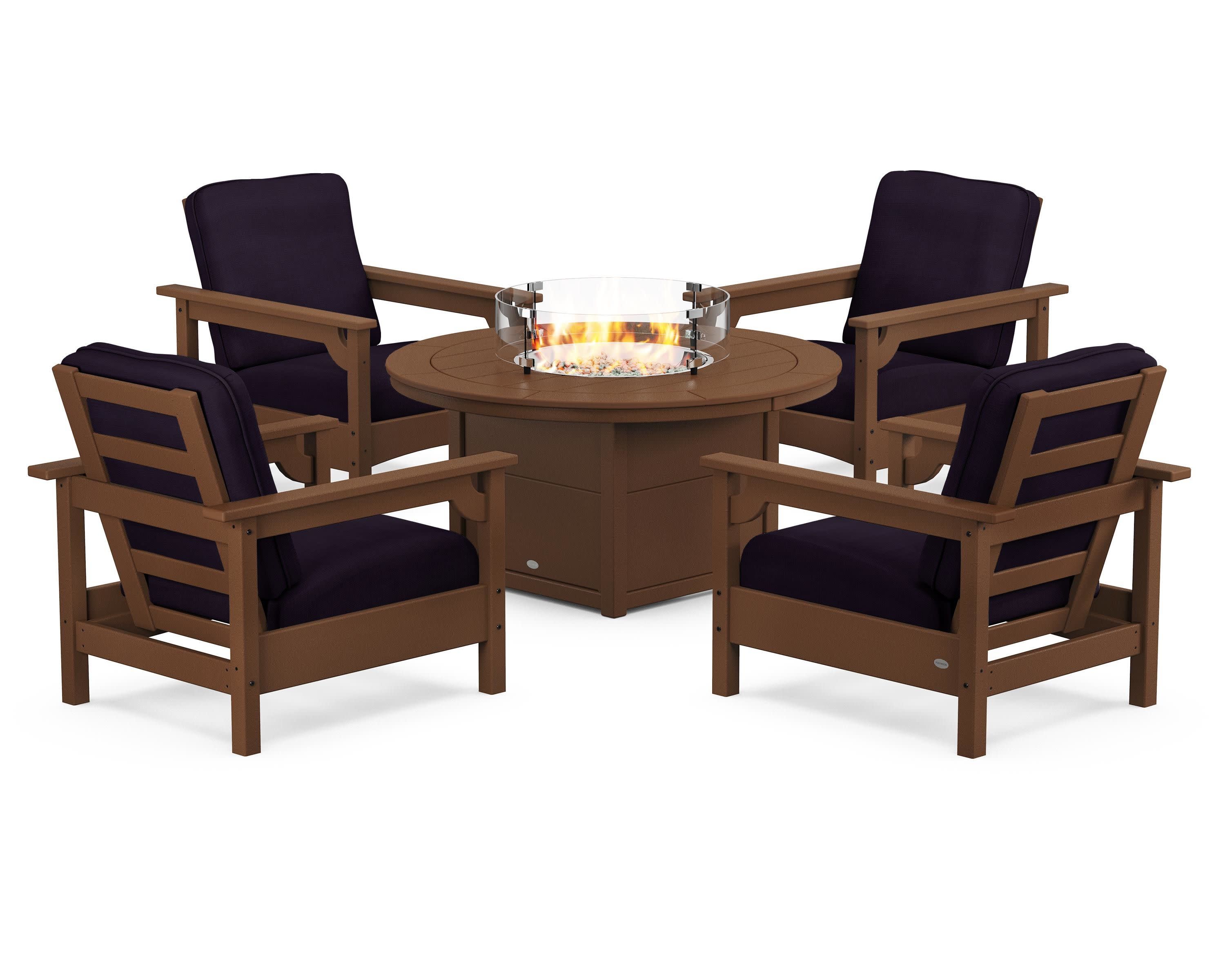 Club 5-Piece Conversation Set with Fire Pit Table in Teak / Navy Linen