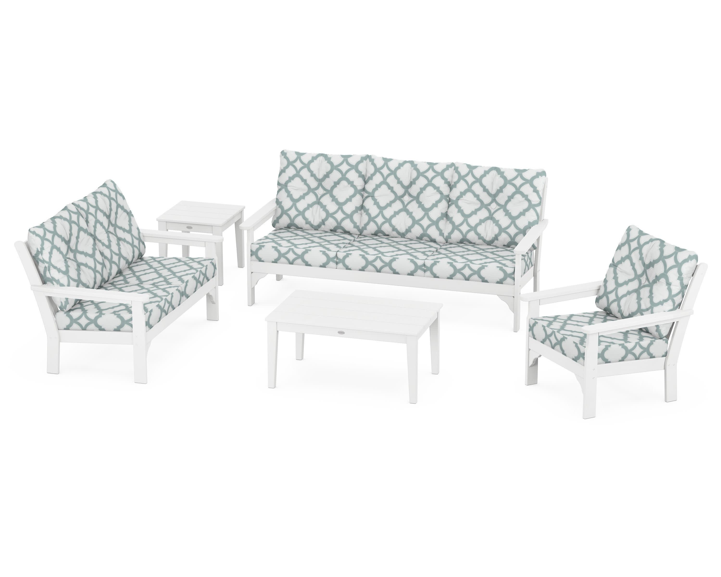 Vineyard 5 Piece Deep Seating Set in White / Trellis Glacier Spa