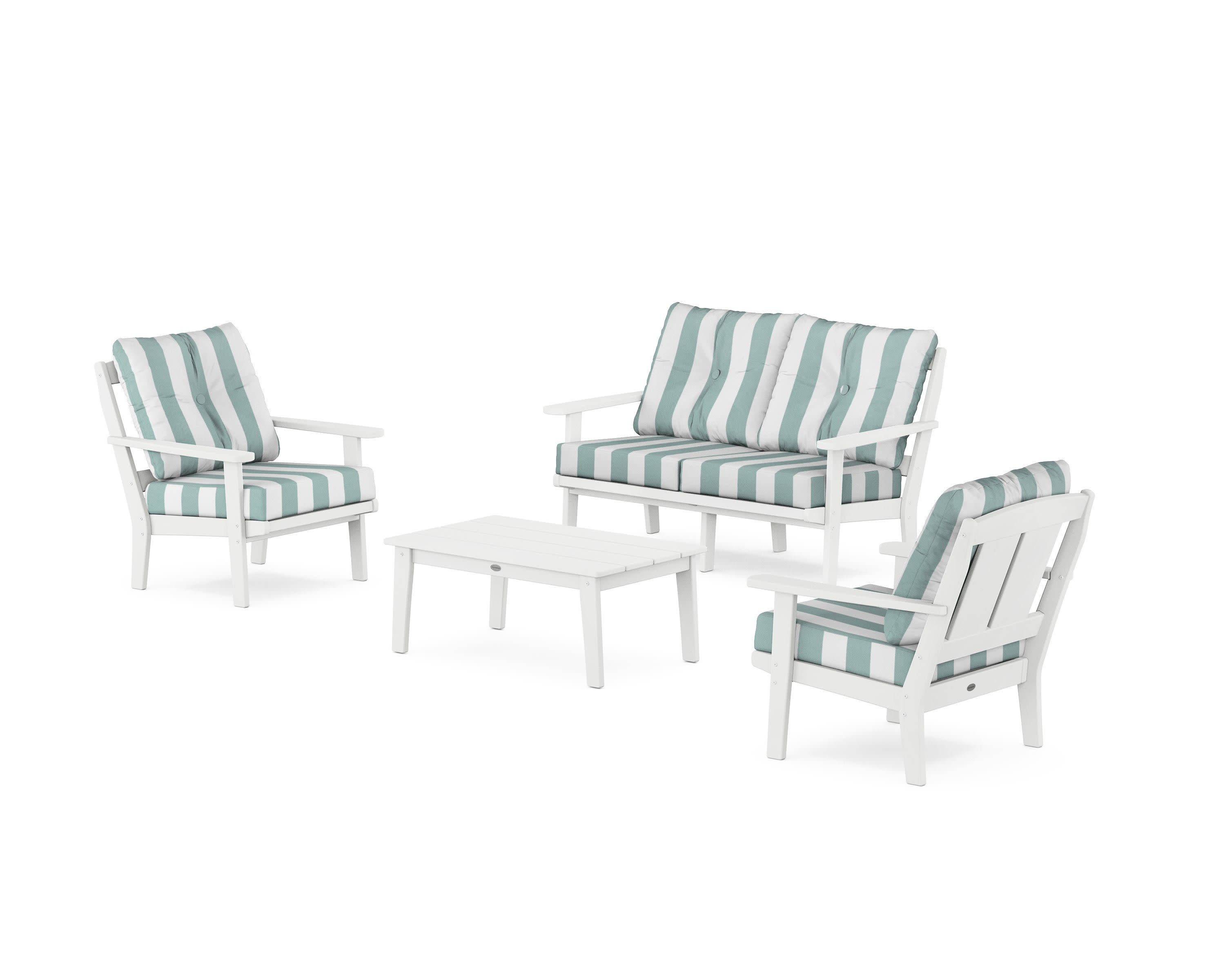 Mission 4-Piece Deep Seating Set with Loveseat in White / Cabana Stripe Glacier Spa