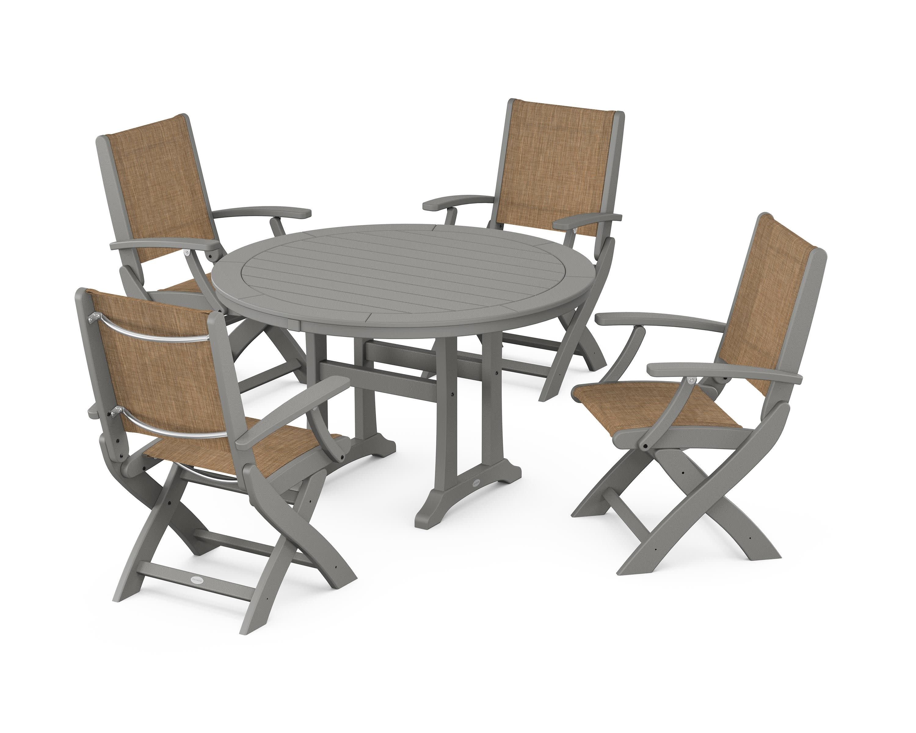 Coastal Folding Chair 5-Piece Round Dining Set with Trestle Legs in Slate Grey / Burlap Sling
