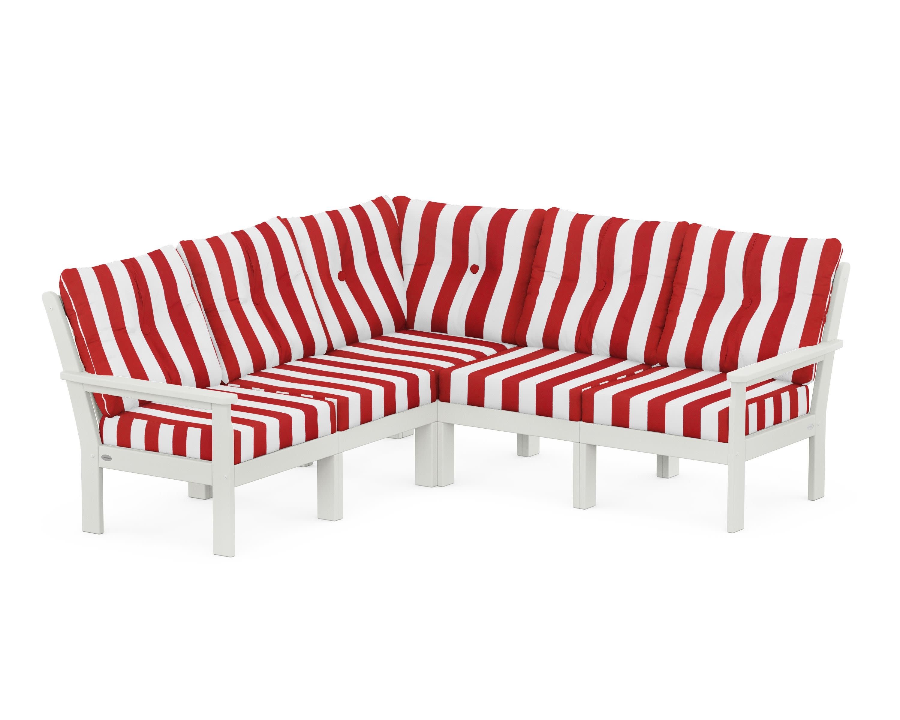 Vineyard 5-Piece Sectional in Vintage White / Cabana Stripe Crimson