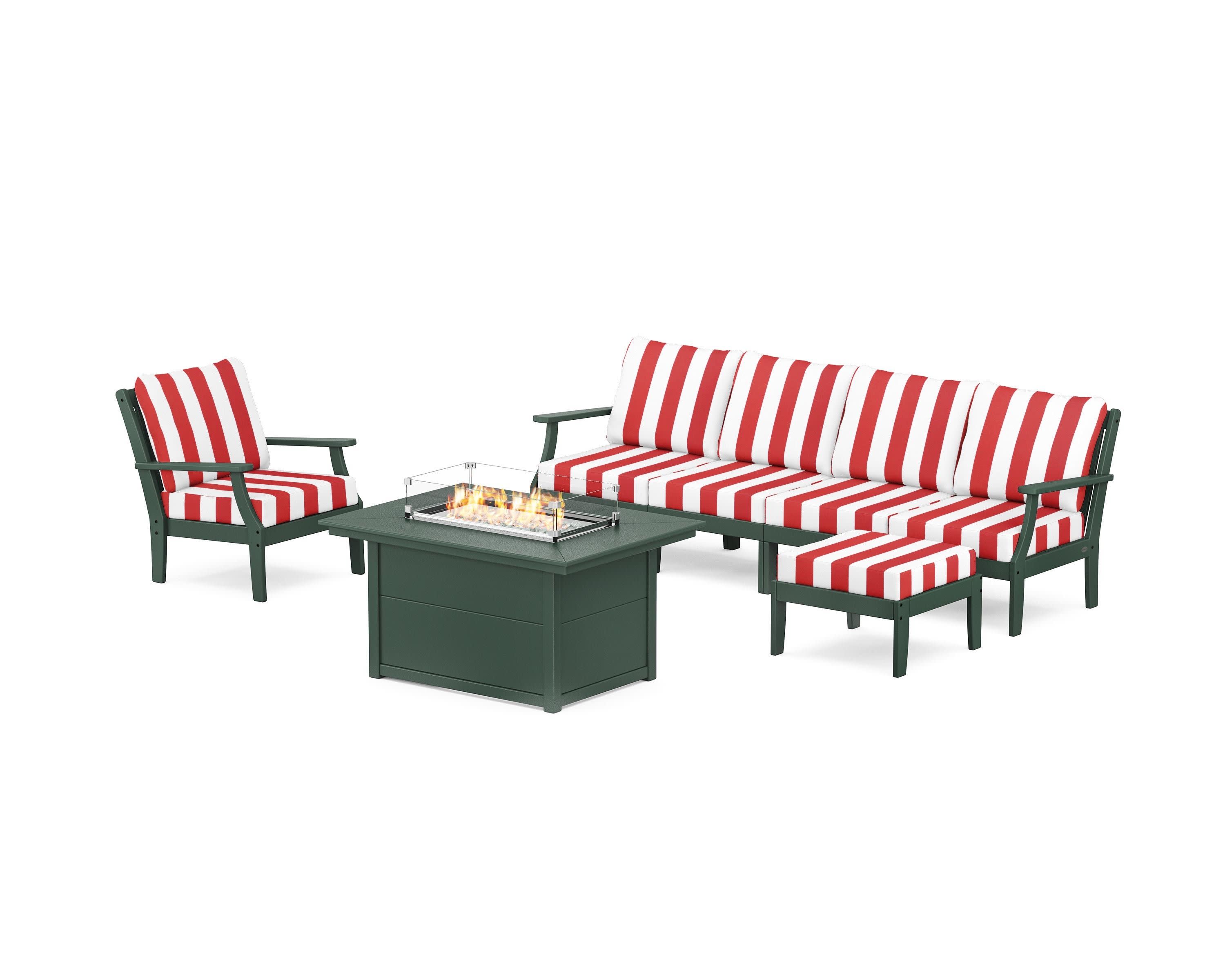 Braxton Sectional Lounge and Fire Pit Set in Green / Cabana Stripe Crimson
