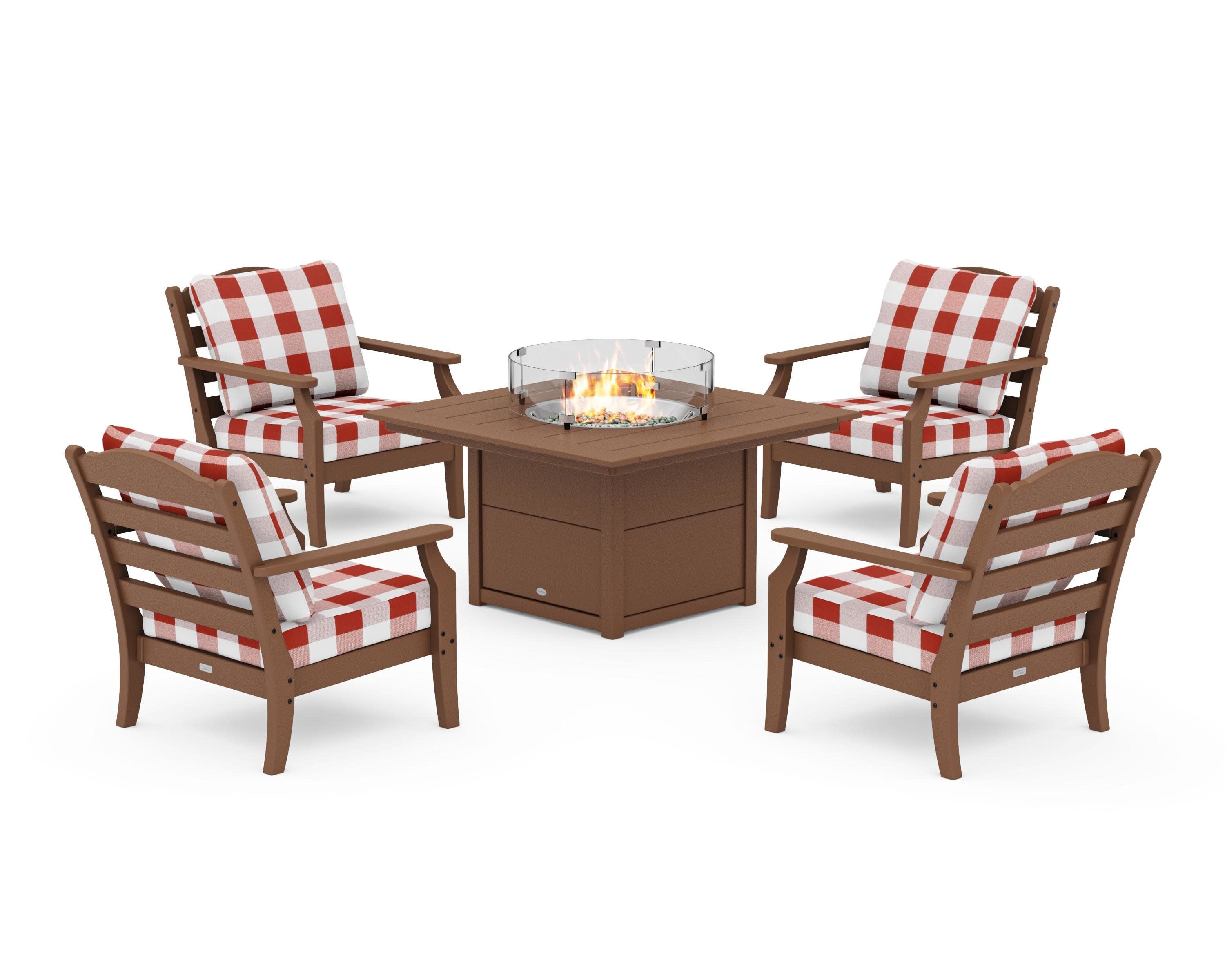 Savannah 5-Piece Deep Seating Set with Fire Pit Table in Teak / Buffalo Plaid Crimson