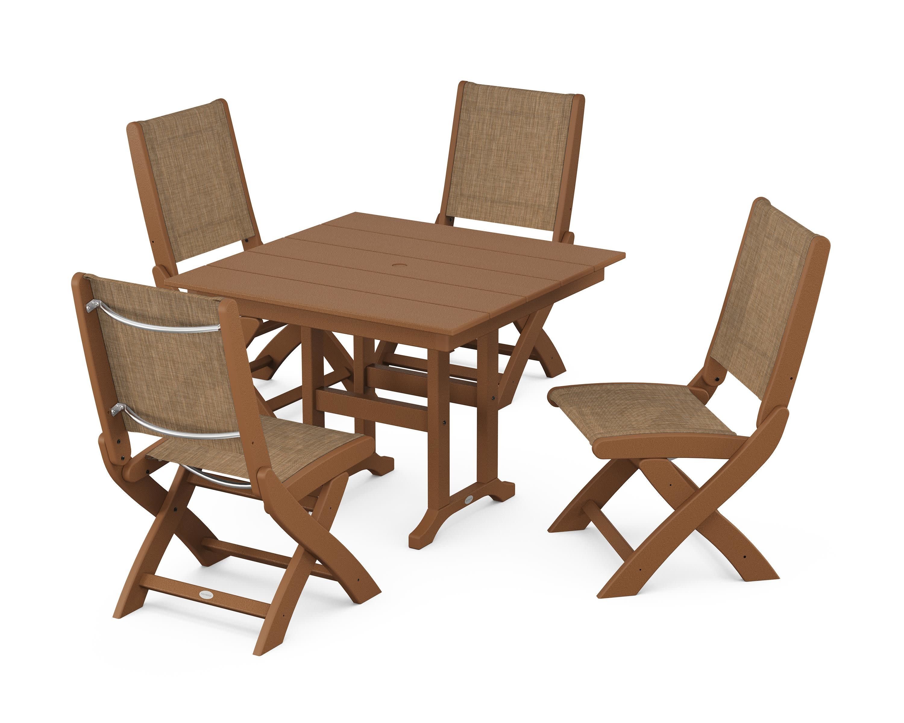 Coastal Folding Side Chair 5-Piece Farmhouse Dining Set in Teak / Burlap Sling