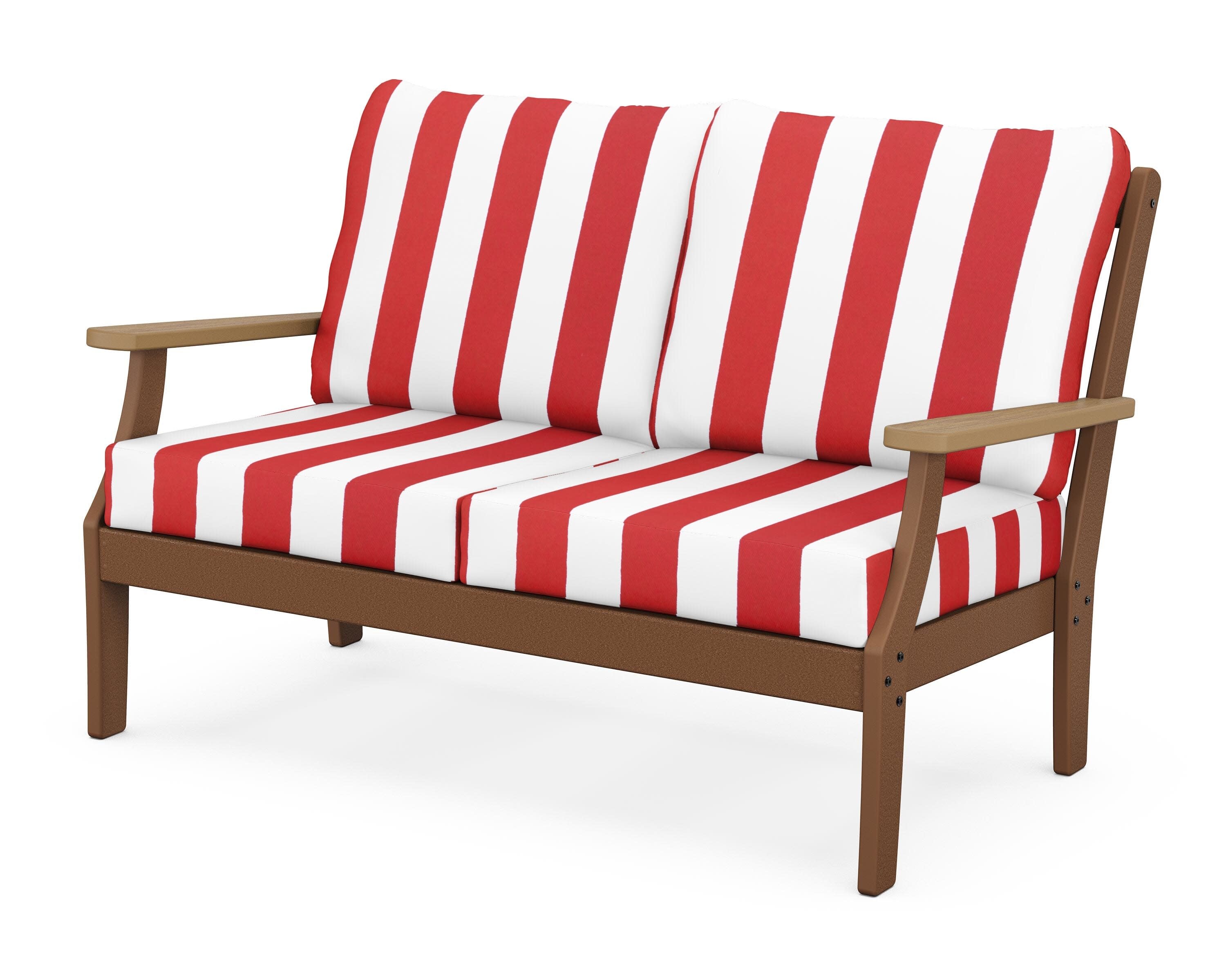 Braxton Deep Seating Loveseat in Teak / Natural / Cabana Stripe Crimson