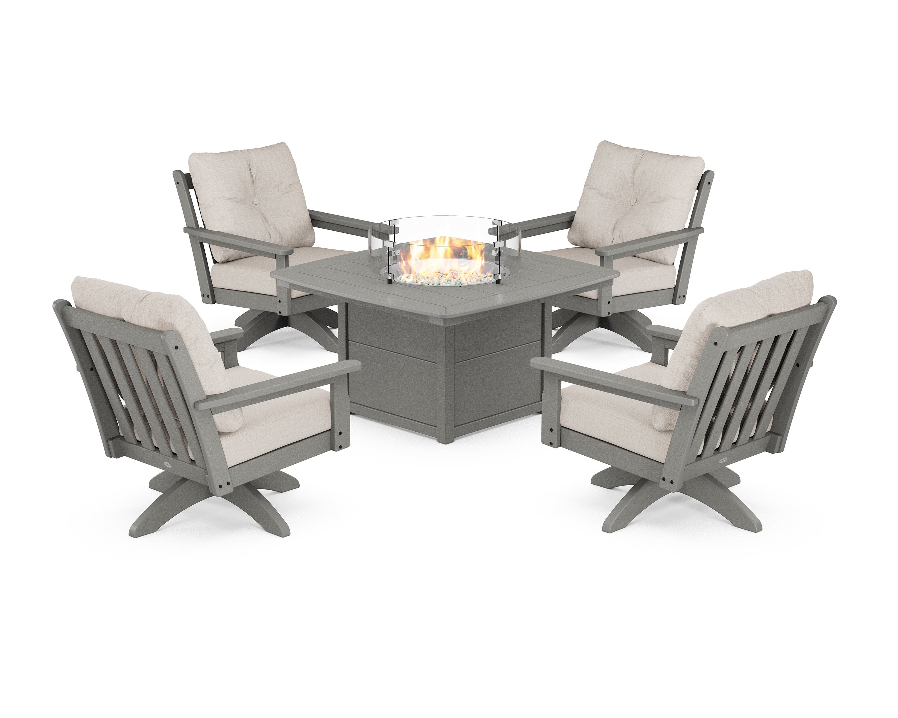 Vineyard 5-Piece Deep Seating Swivel Conversation Set with Fire Pit Table in Slate Grey / Cast Ash