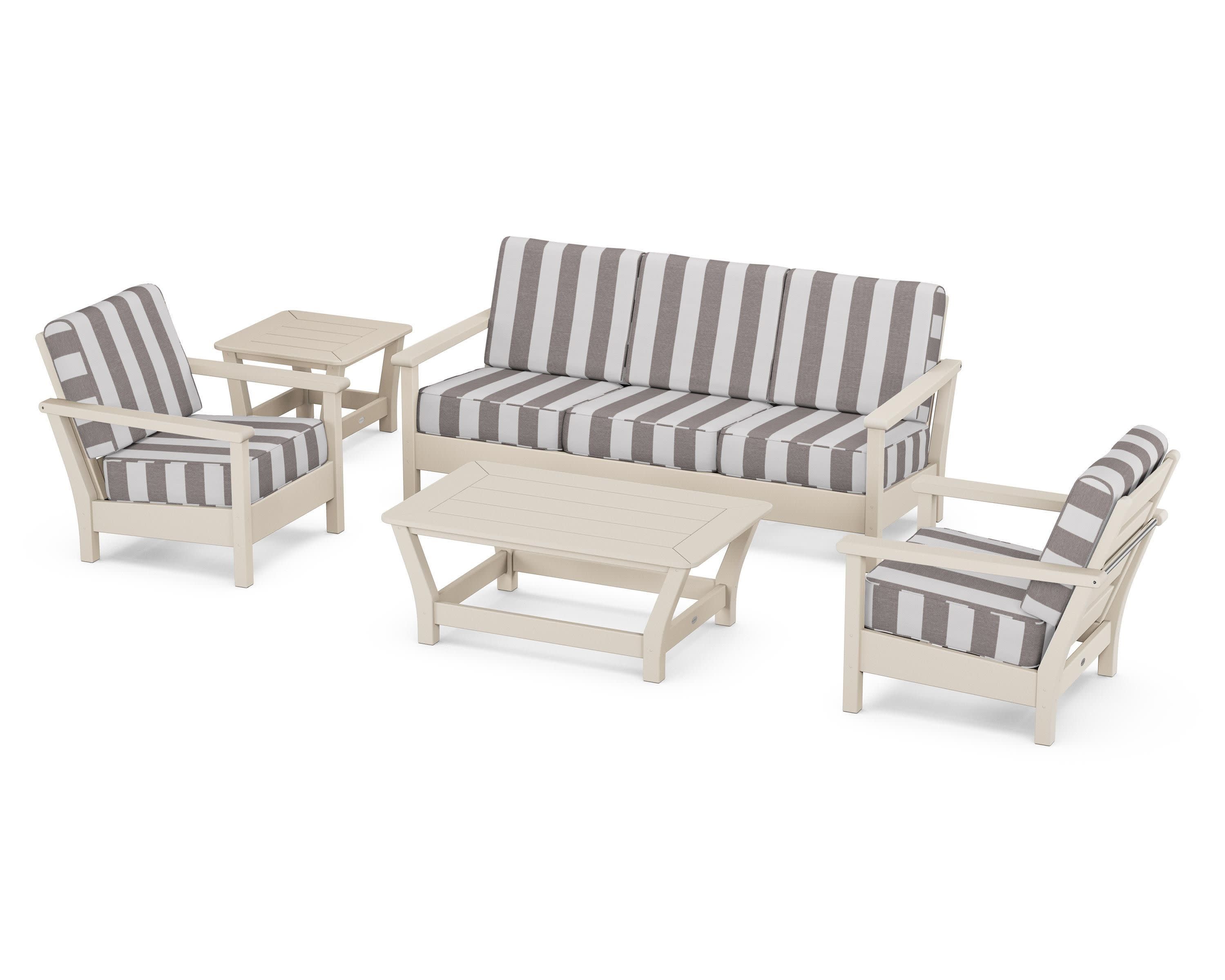Harbour 5-Piece Deep Seating Set in Sand / Cabana Stripe Grey Mist