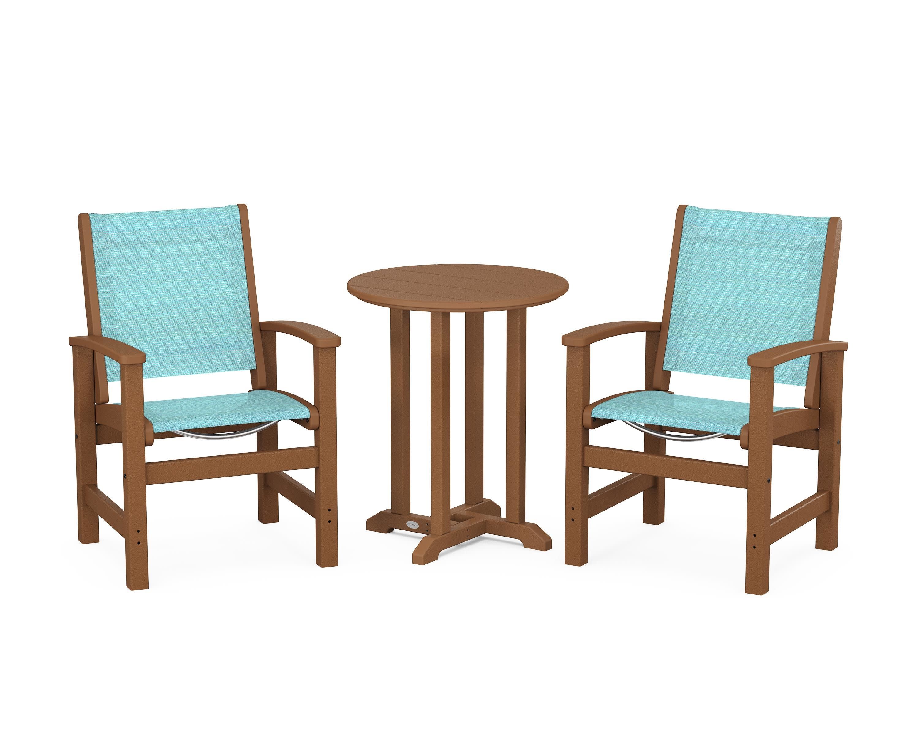Coastal 3-Piece Round Bistro Dining Set in Teak / Dupioni Aquamarine Sling