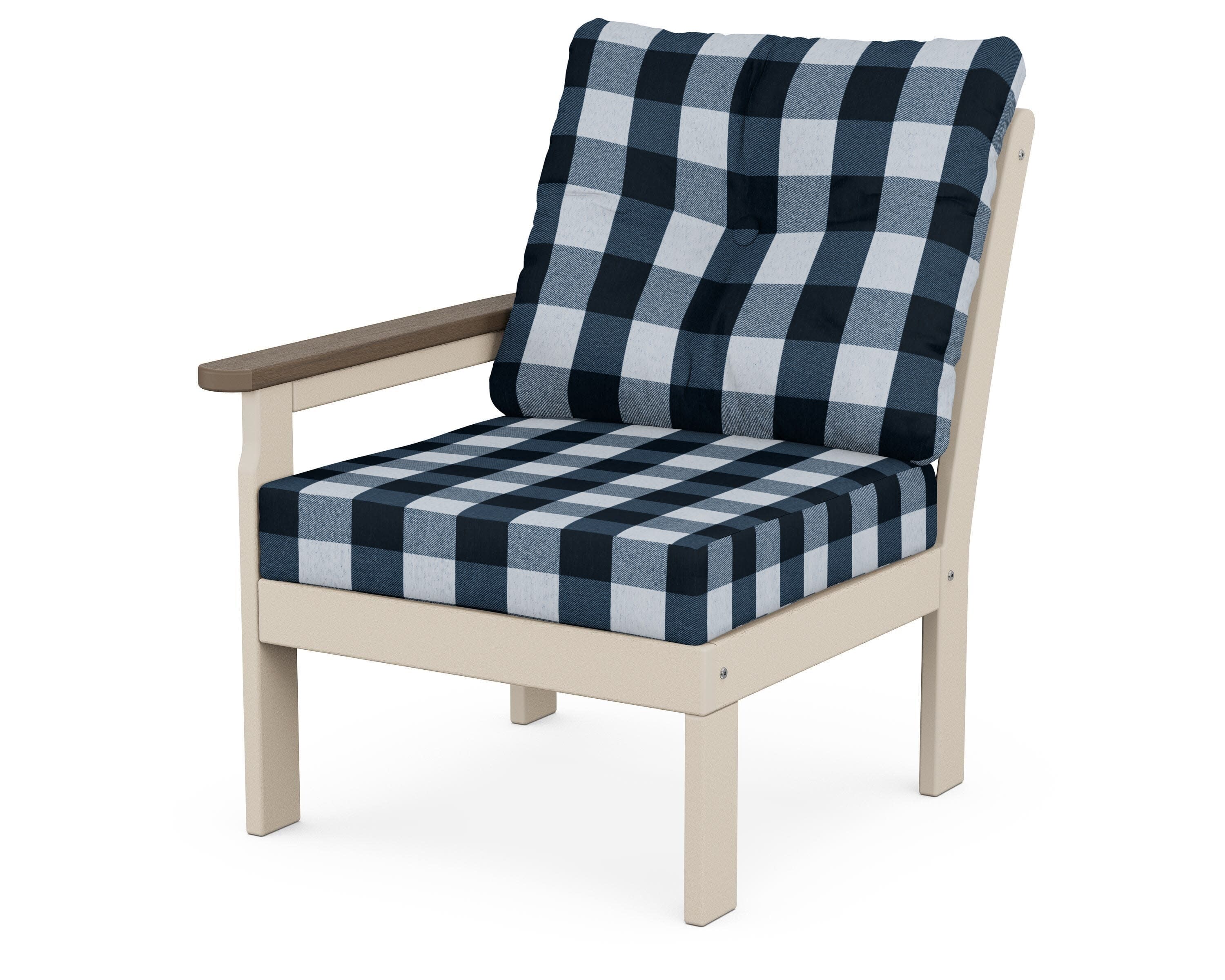 Vineyard Modular Left Arm Chair in Sand / Kona / Buffalo Plaid Marine Indigo