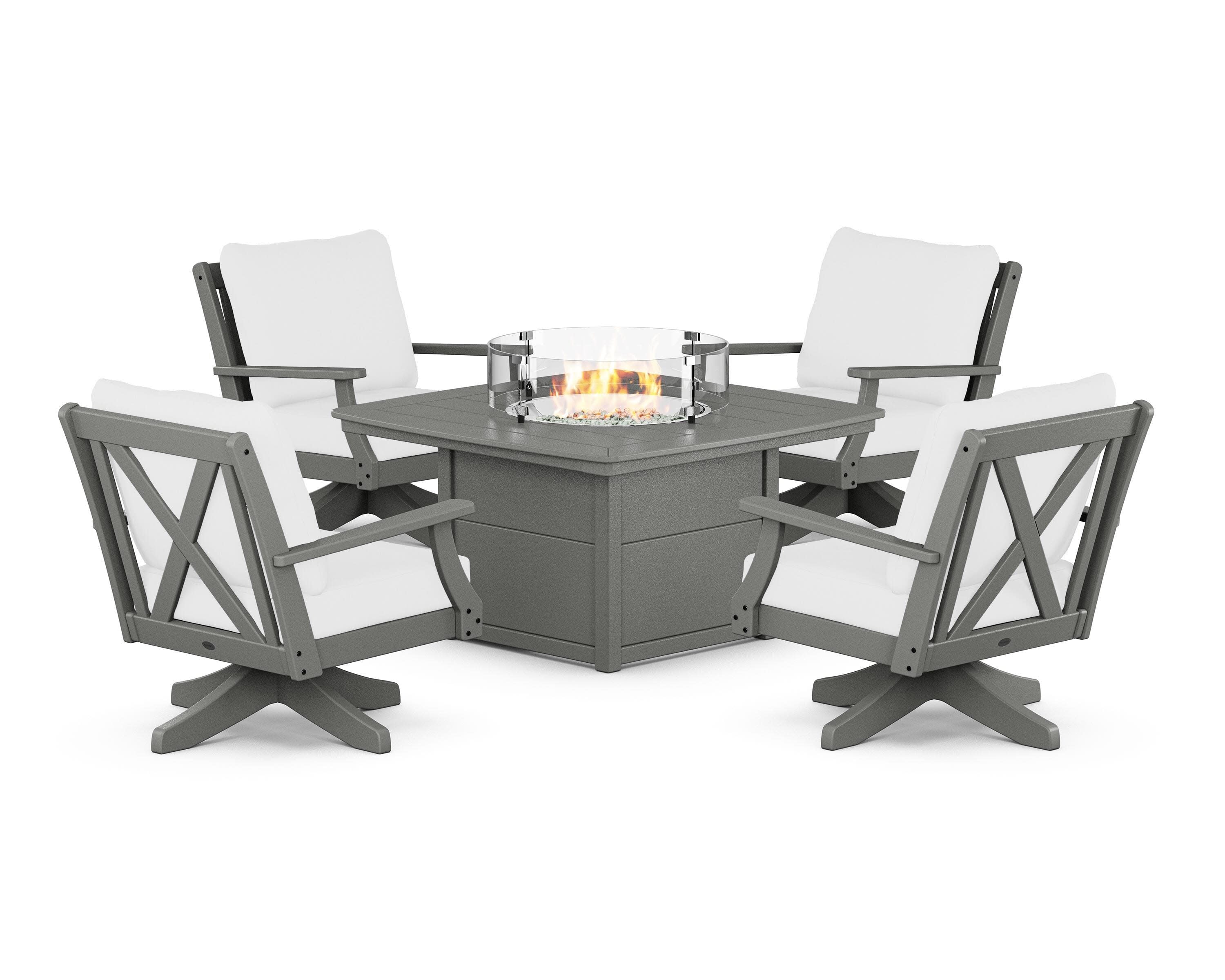 Braxton 5-Piece Deep Seating Swivel Conversation Set with Fire Pit Table in Slate Grey / Natural