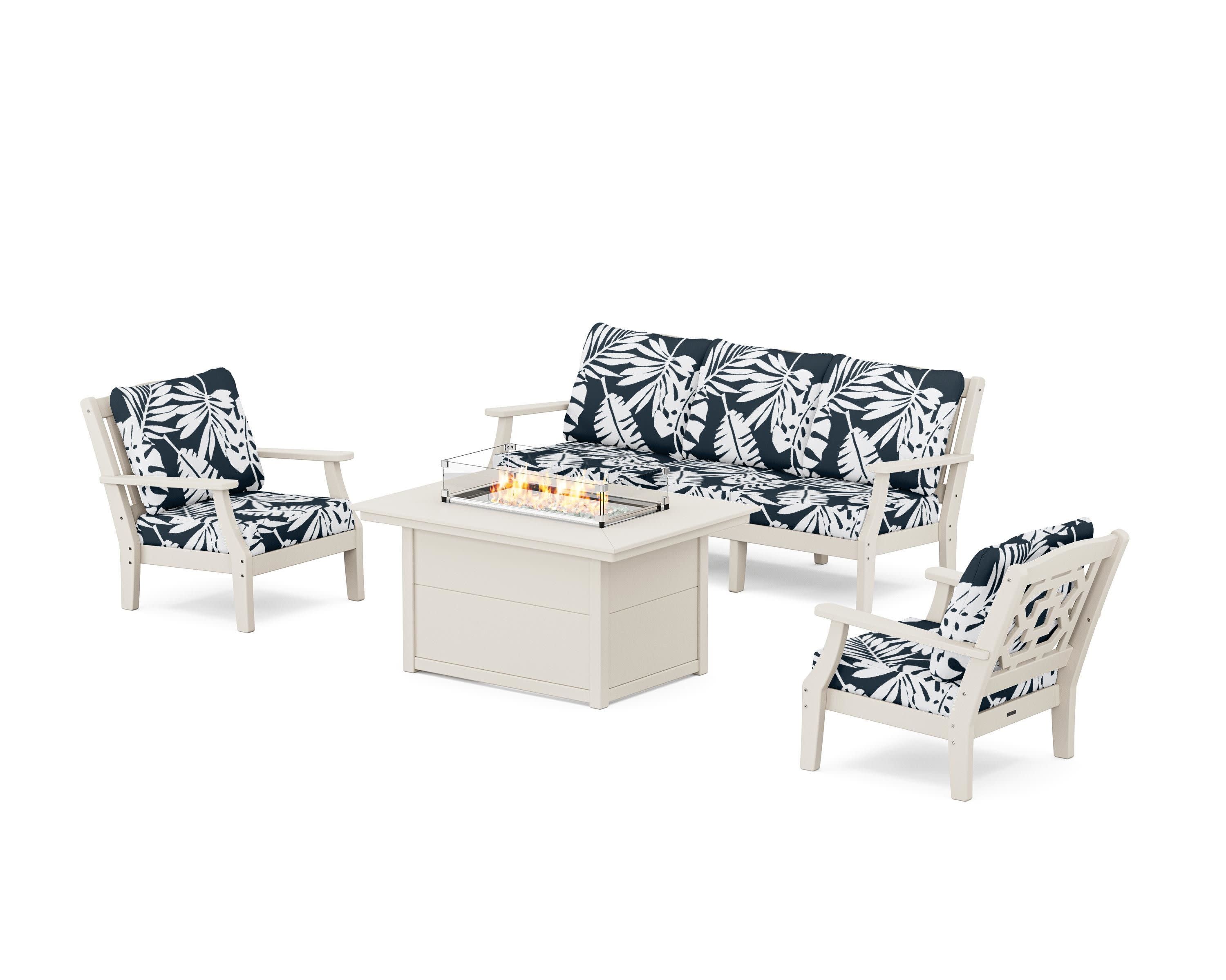 Chinoiserie Deep Seating Fire Pit Table Set in Sand / Leaf Marine Indigo