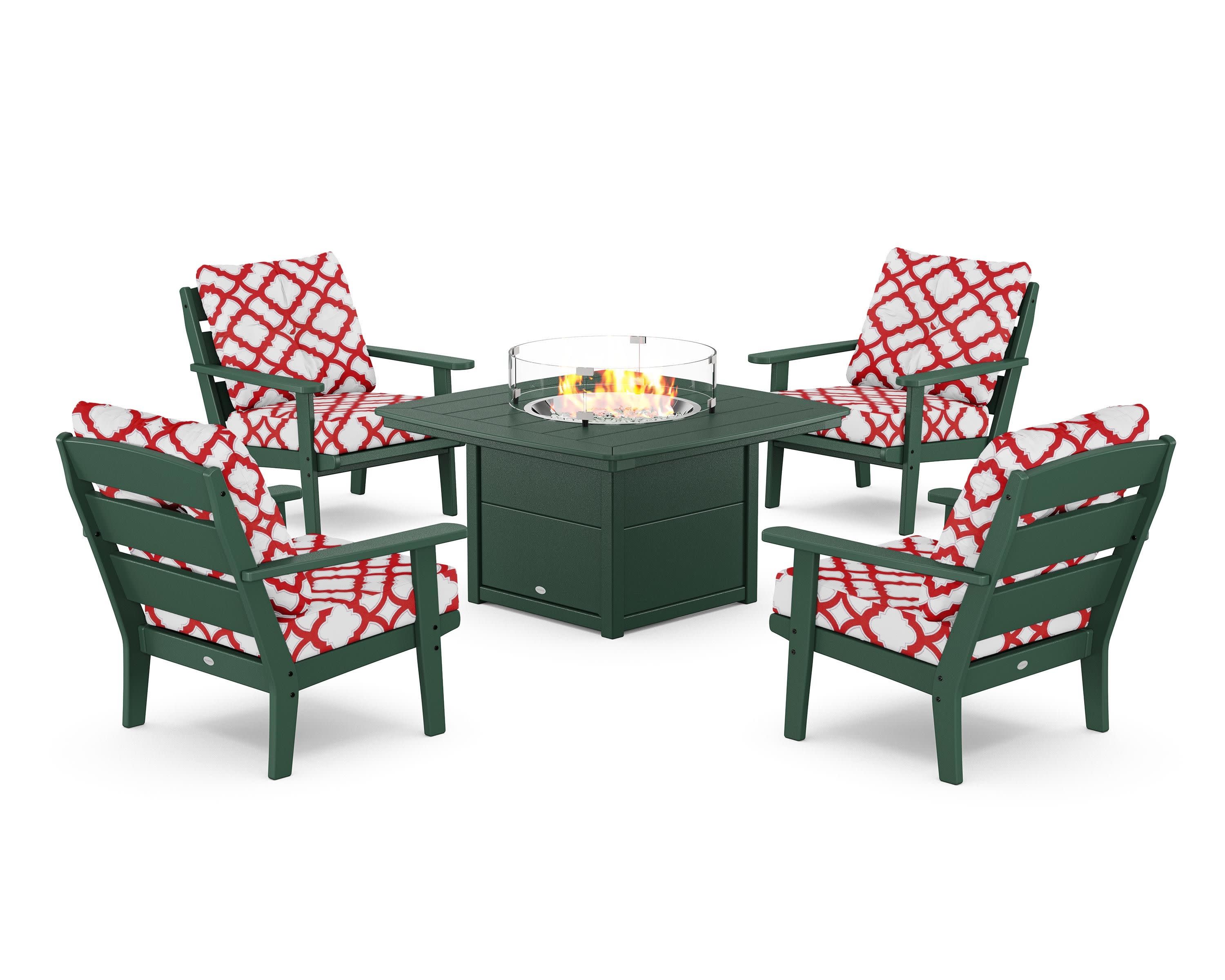 Lakeside 5-Piece Deep Seating Set with Nautical Fire Pit Table in Green / Trellis Crimson