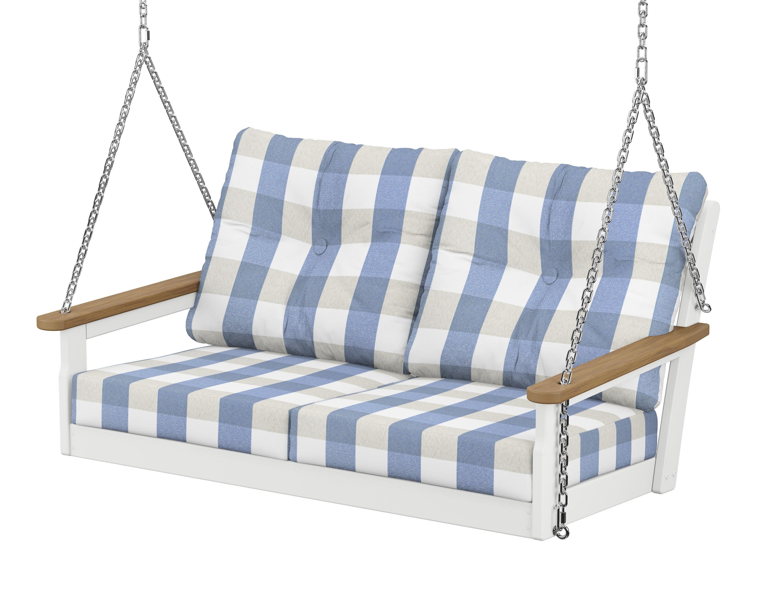Vineyard Deep Seating Swing in White / Natural / Buffalo Plaid Sky Blue