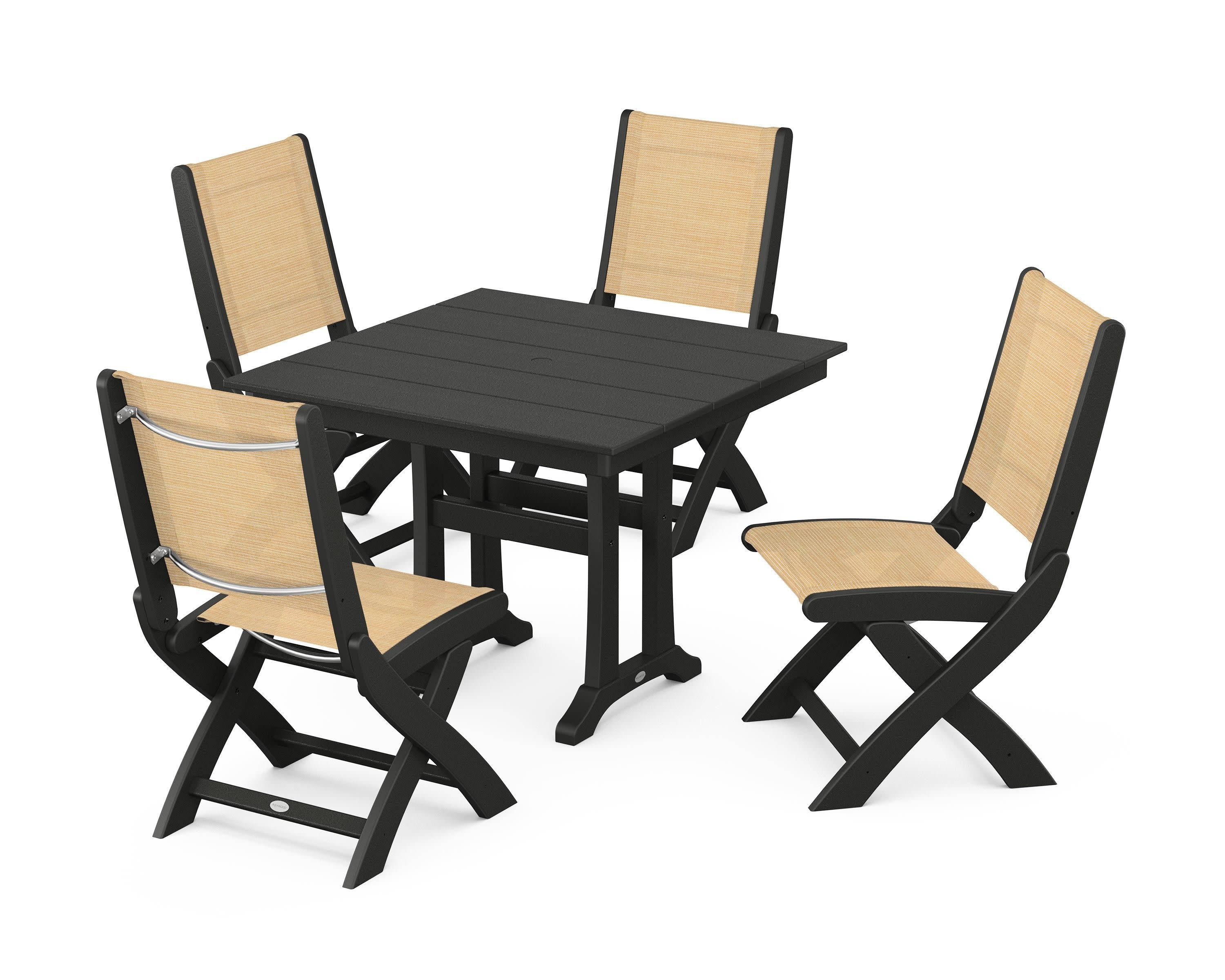 Coastal Folding Side Chair 5-Piece Farmhouse Dining Set With Trestle Legs in Black / Dupioni Apricot Sling