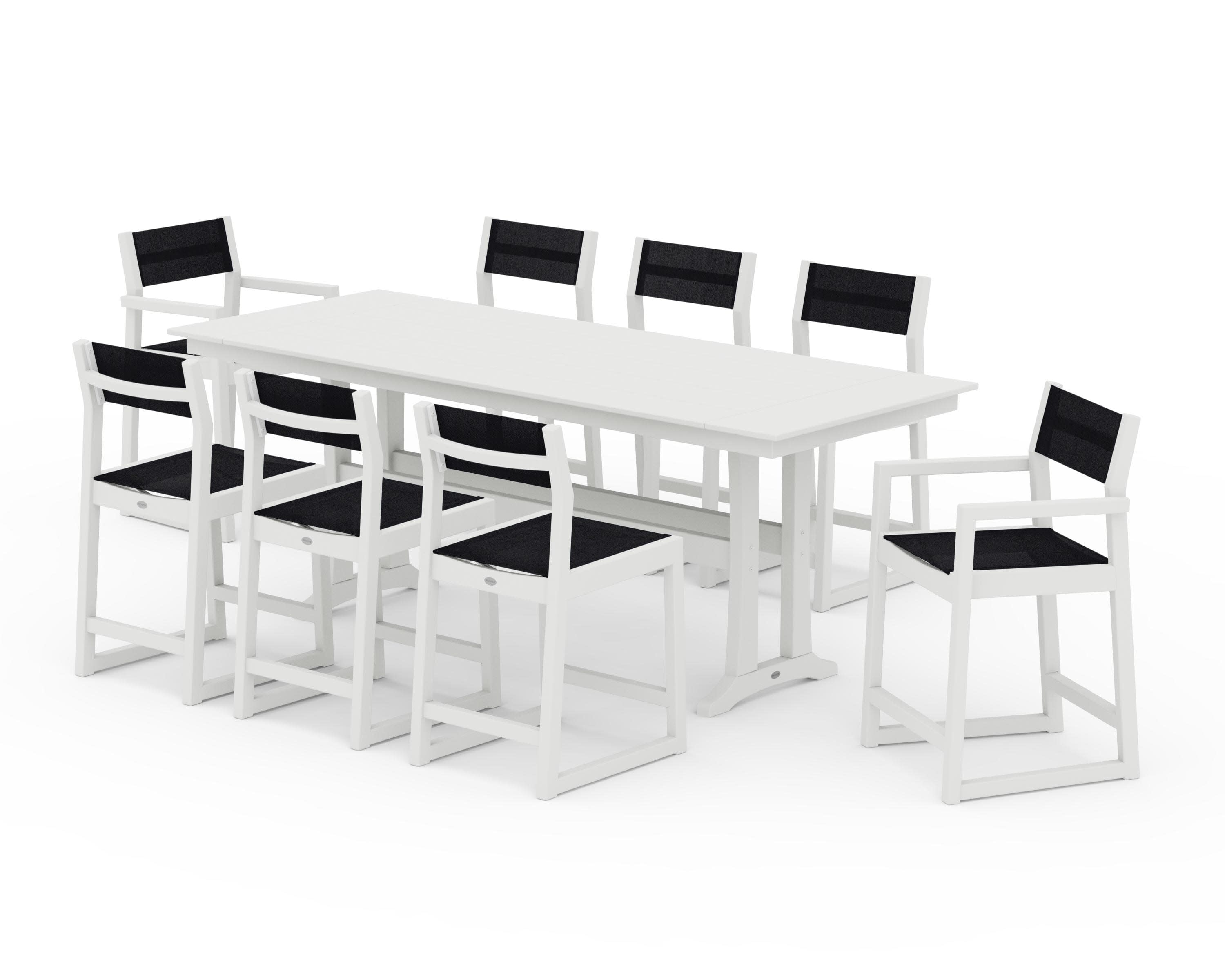 EDGE Sling 9-Piece Farmhouse Counter Set with Trestle Legs in Vintage White / Black Sling