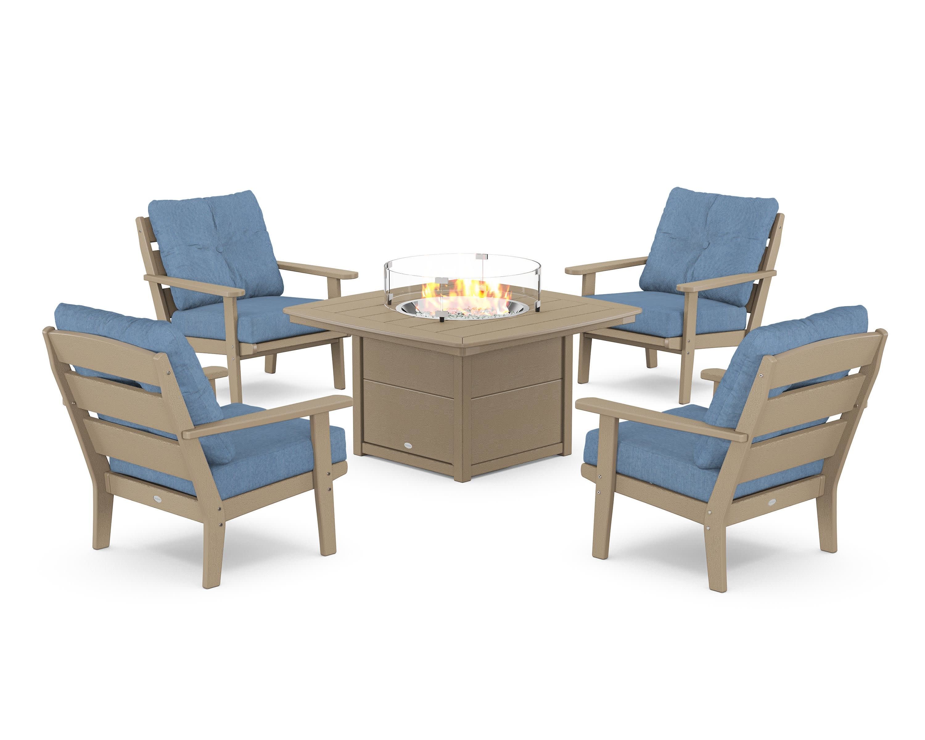 Lakeside 5-Piece Deep Seating Set with Nautical Fire Pit Table in Vintage Sahara / Sky Blue