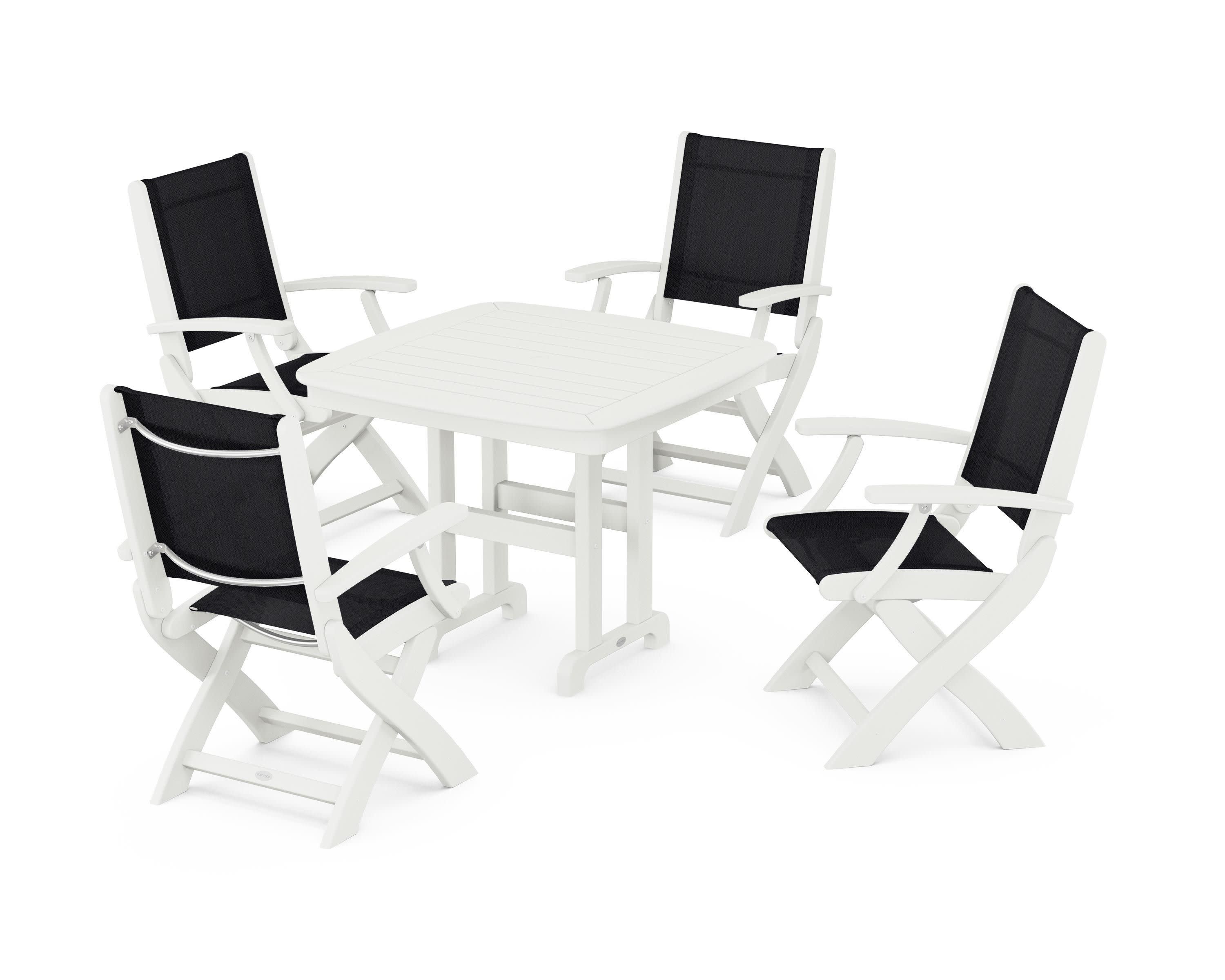 Coastal Folding Chair 5-Piece Dining Set in Vintage White / Black Sling