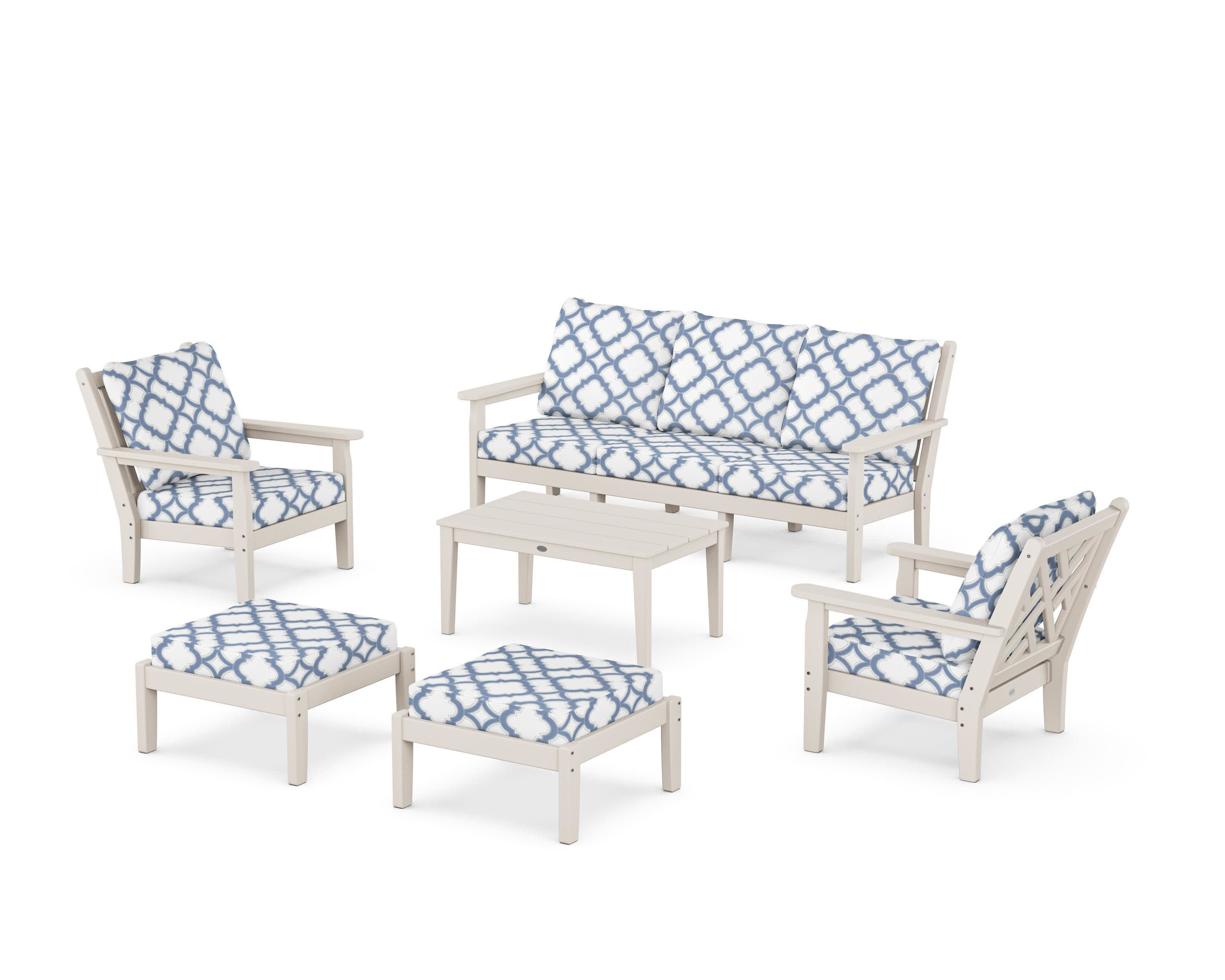 Chippendale 6-Piece Lounge Sofa Set in Sand / Trellis Sky Blue