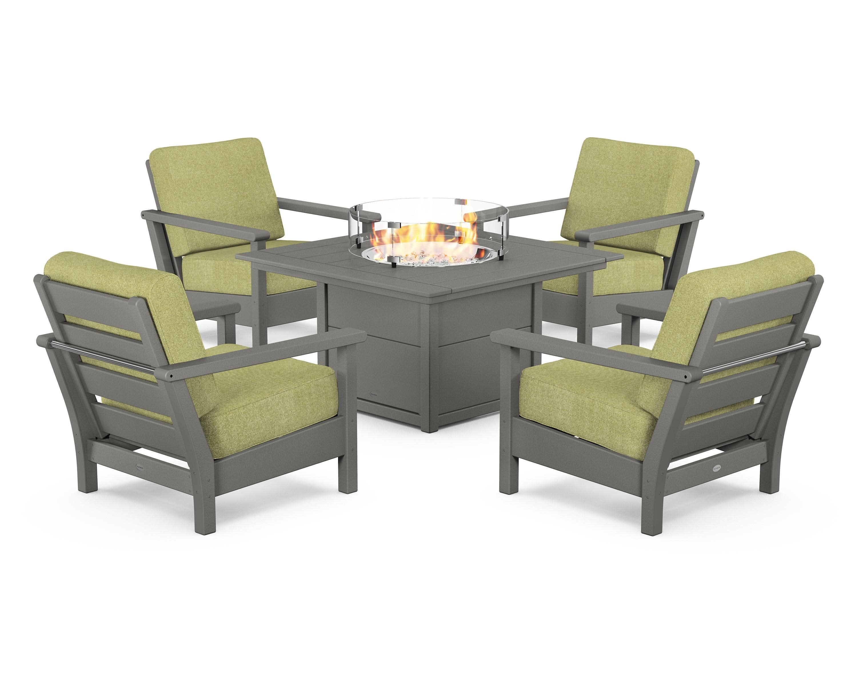 Harbour 5-Piece Conversation Set with Fire Pit Table in Slate Grey / Chartreuse Boucle