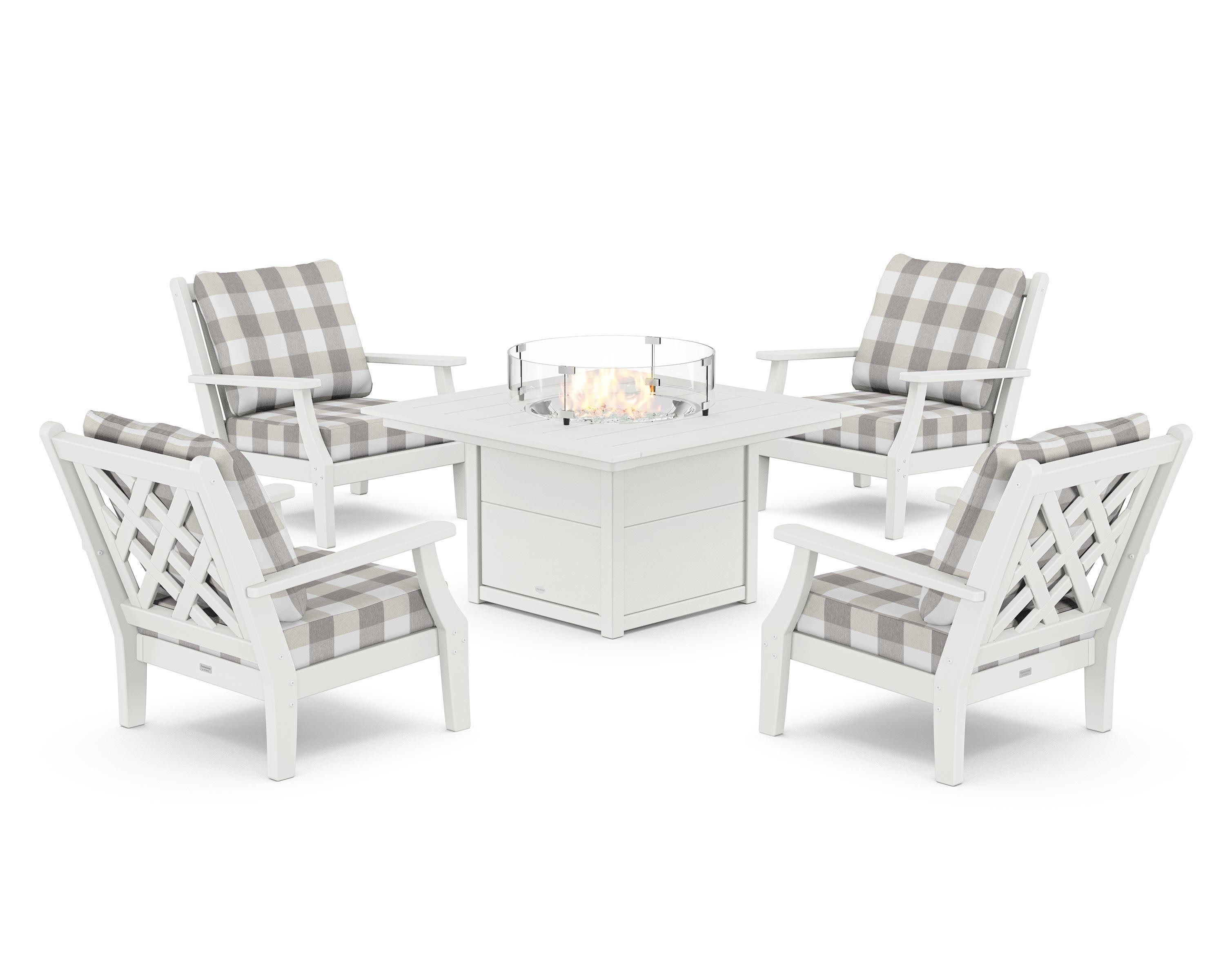 Wovendale 5-Piece Deep Seating Set with Fire Pit Table in White / Buffalo Plaid Grey Mist