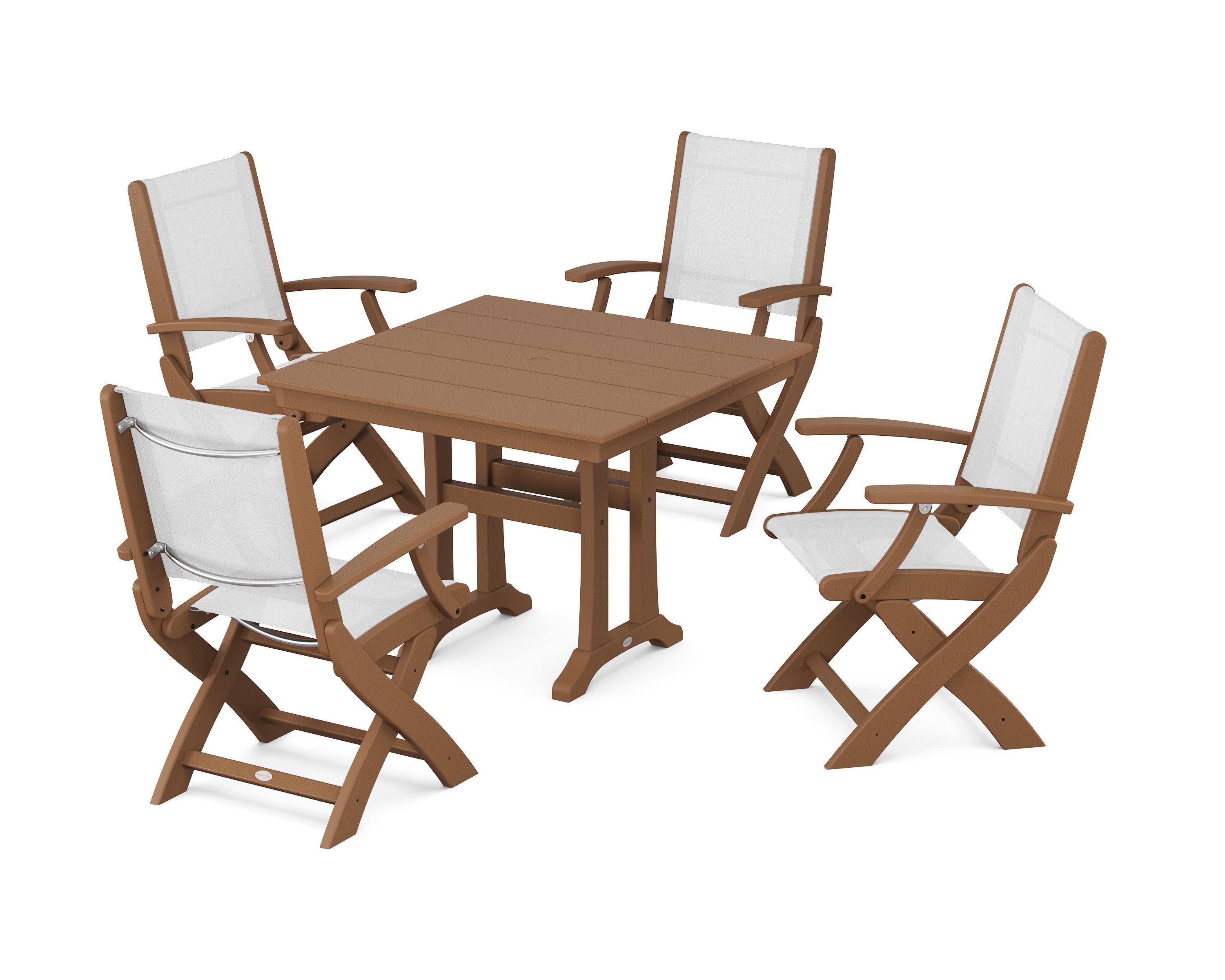 Coastal Folding Chair 5-Piece Farmhouse Dining Set With Trestle Legs in Teak / White Sling