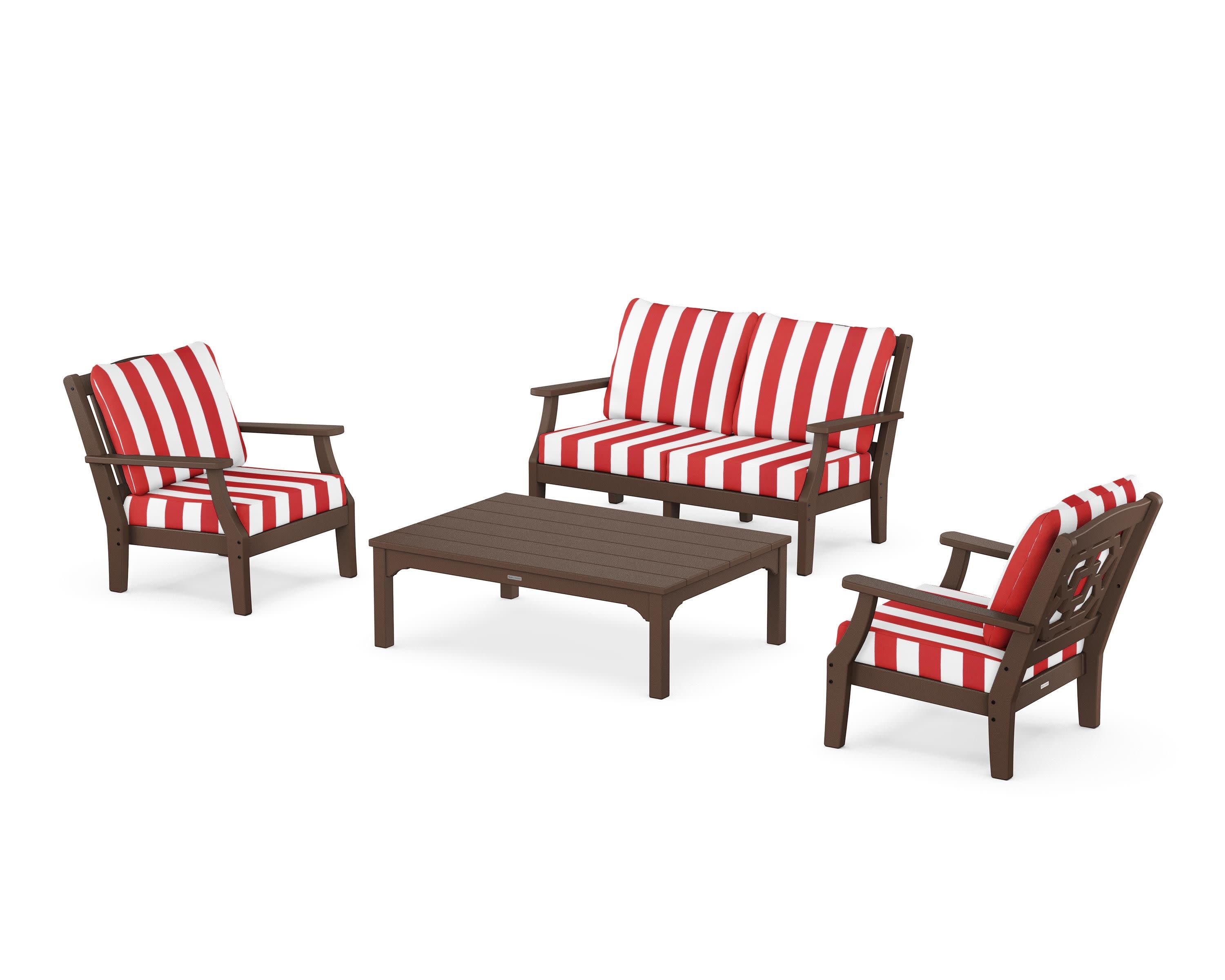 Chinoiserie 4-Piece Deep Seating Set with Loveseat in Mahogany / Cabana Stripe Crimson