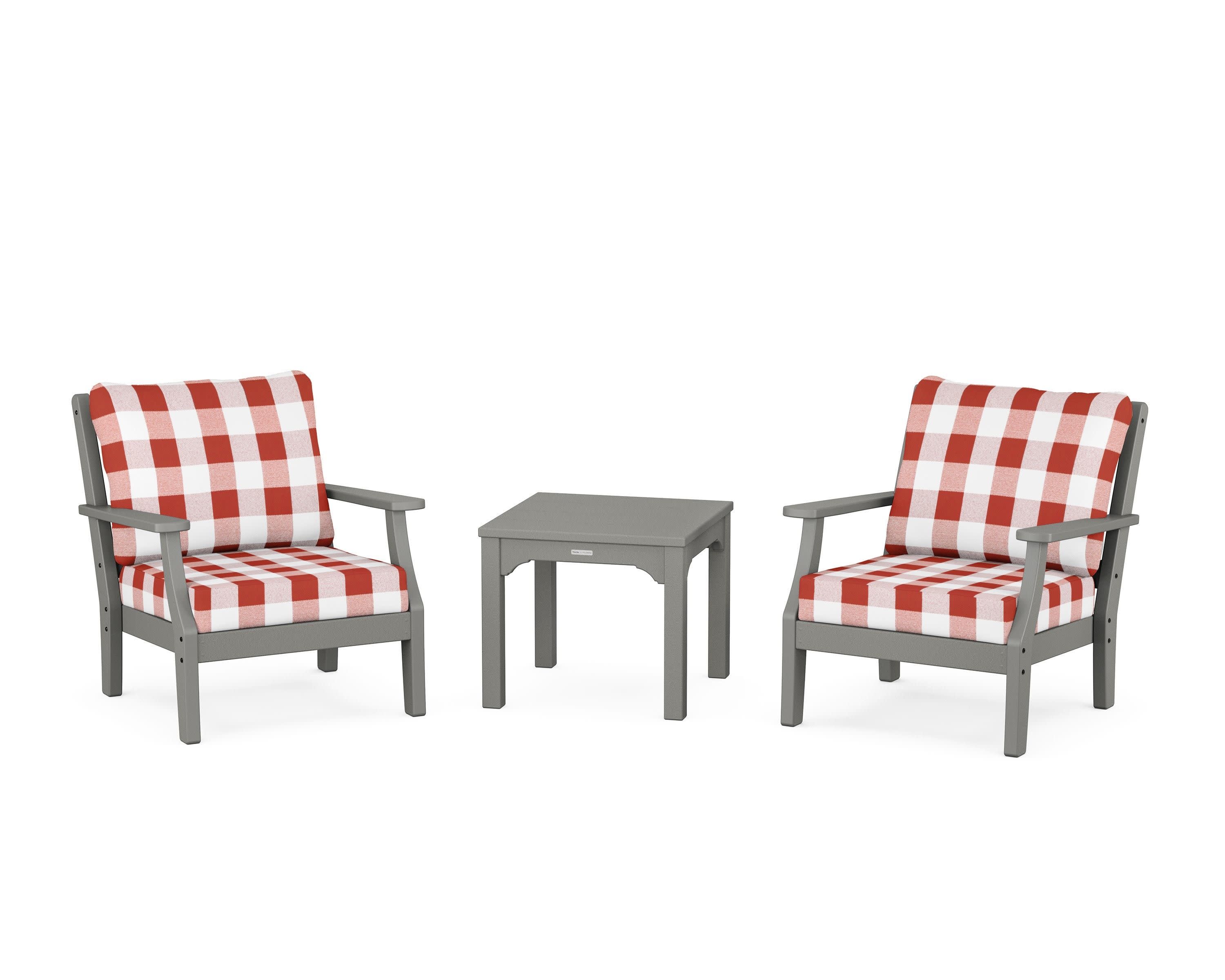 Chinoiserie 3-Piece Deep Seating Set in Slate Grey / Buffalo Plaid Crimson