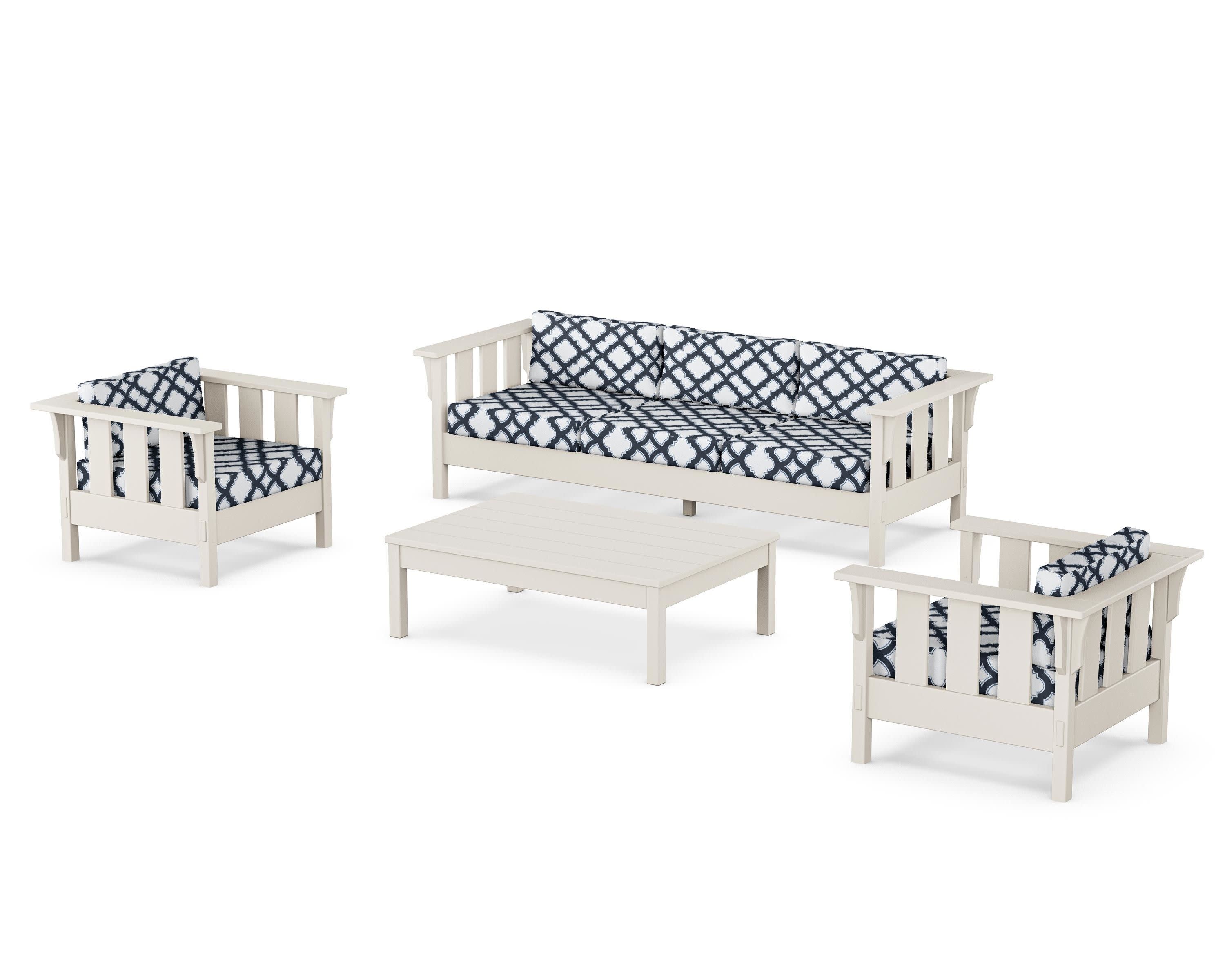 Acadia 4-Piece Deep Seating Set with Sofa in Sand / Trellis Marine Indigo