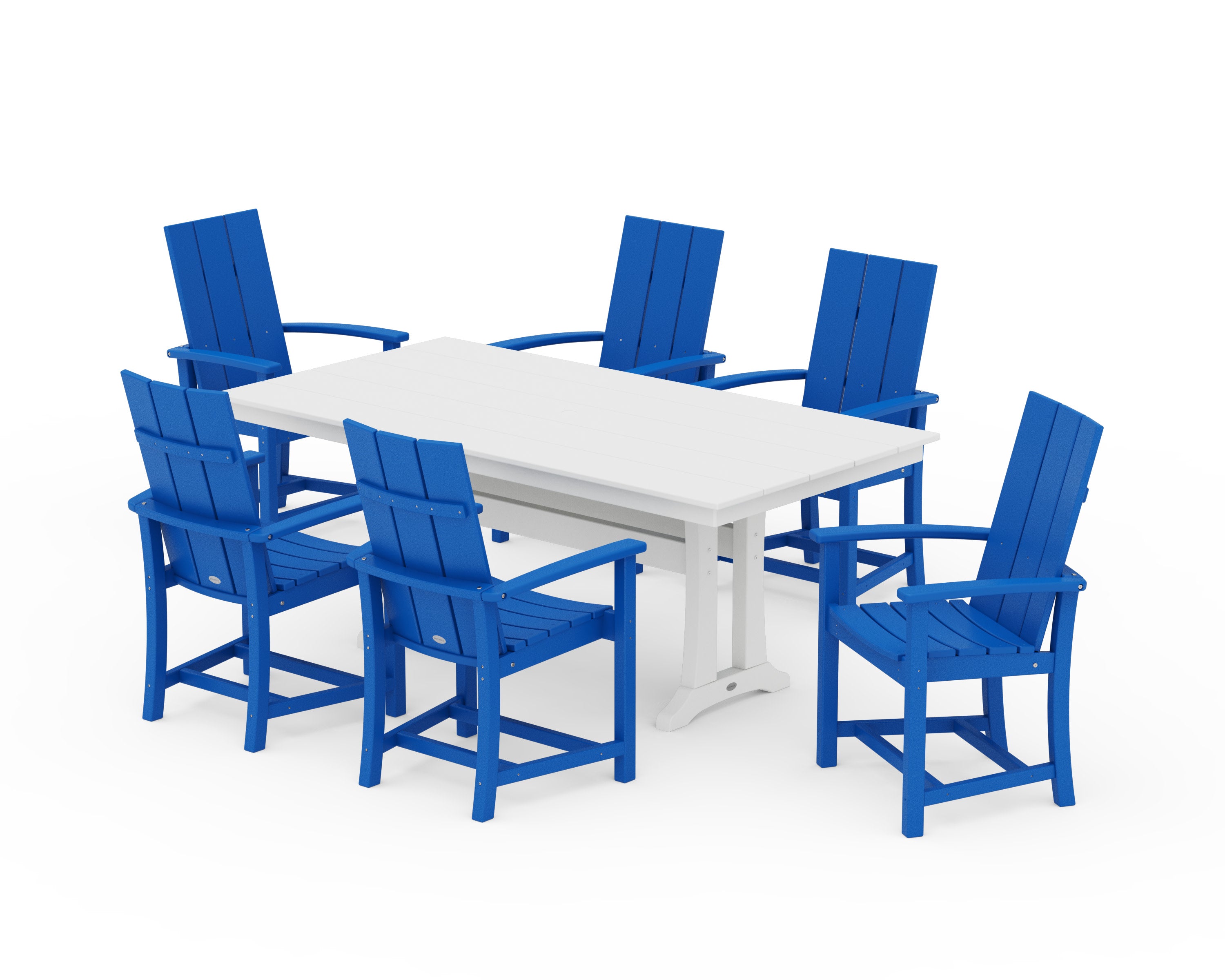 Modern Adirondack 7-Piece Farmhouse Dining Set with Trestle Legs in Pacific Blue / White