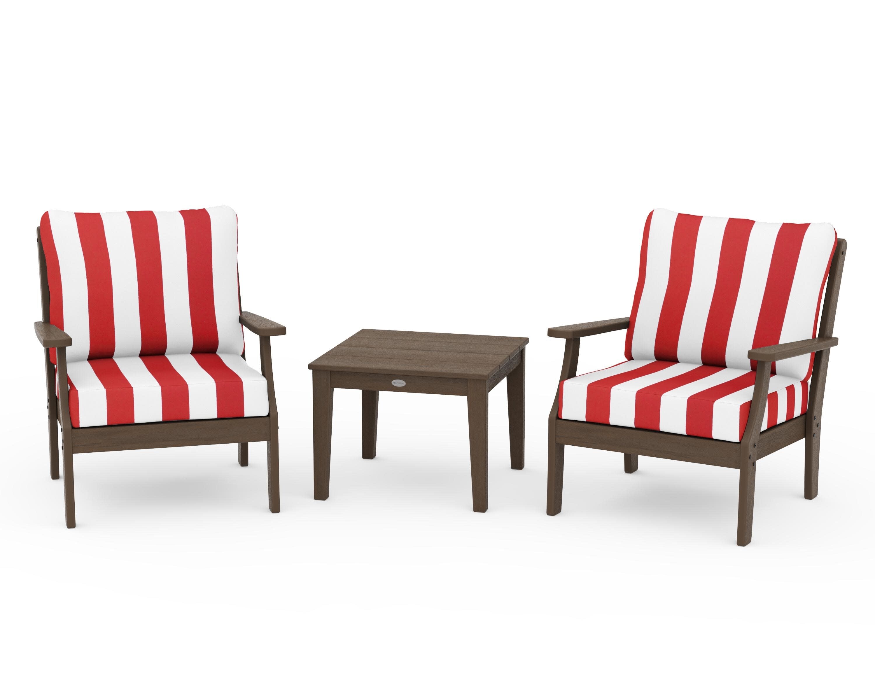 Braxton 3-Piece Deep Seating Set in Kona / Cabana Stripe Crimson