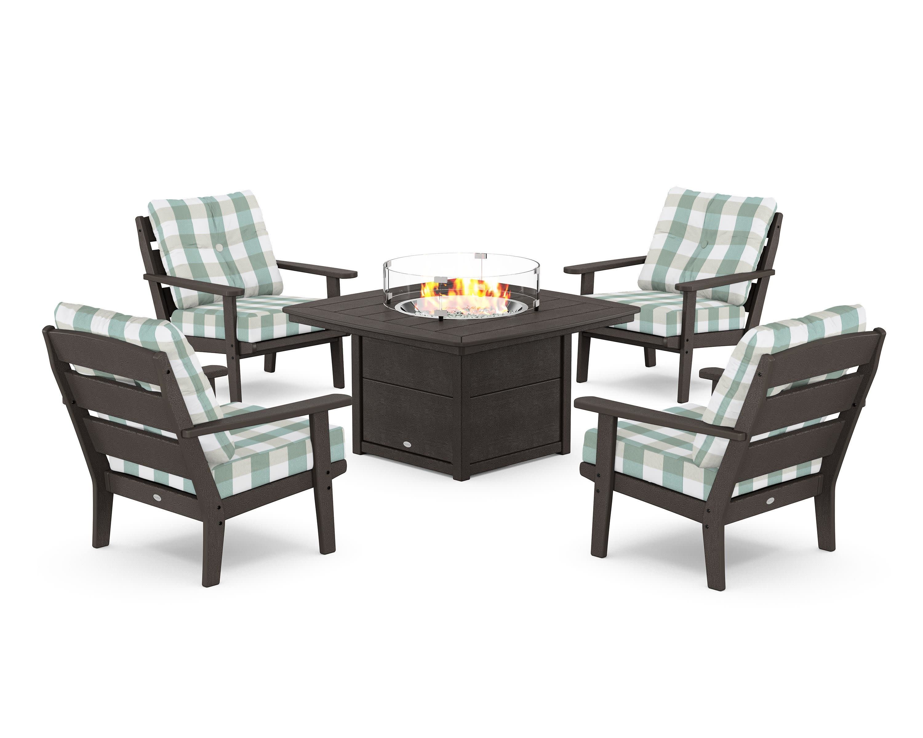 Lakeside 5-Piece Deep Seating Set with Nautical Fire Pit Table in Vintage Coffee / Buffalo Plaid Glacier Spa