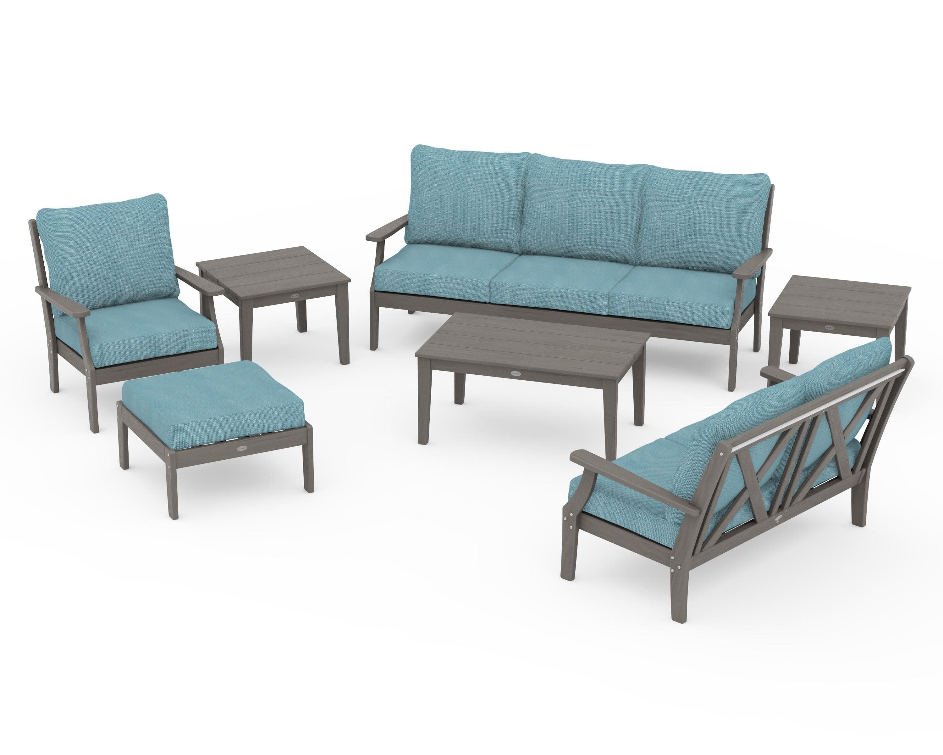 Braxton 7-Piece Deep Seating Set in Driftwood / Lattice Sky Blue