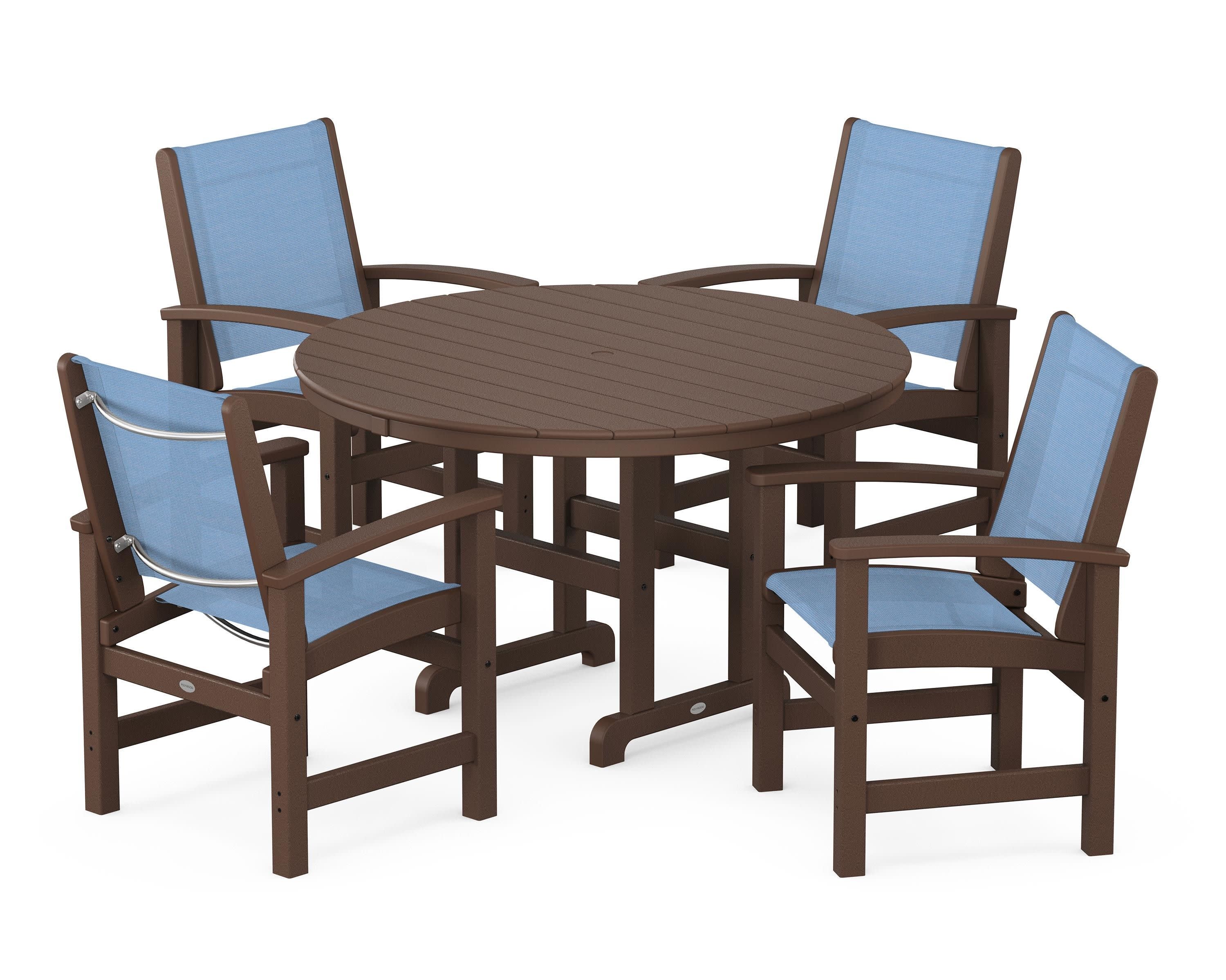 Coastal 5-Piece Round Farmhouse Dining Set in Mahogany / Poolside Sling