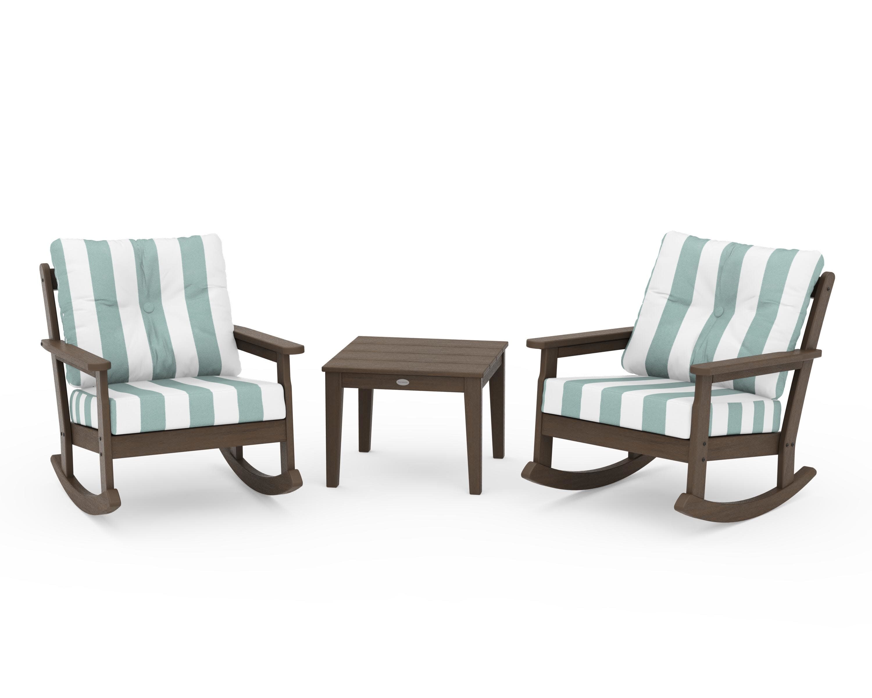 Vineyard 3-Piece Deep Seating Rocker Set in Kona / Cabana Stripe Glacier Spa