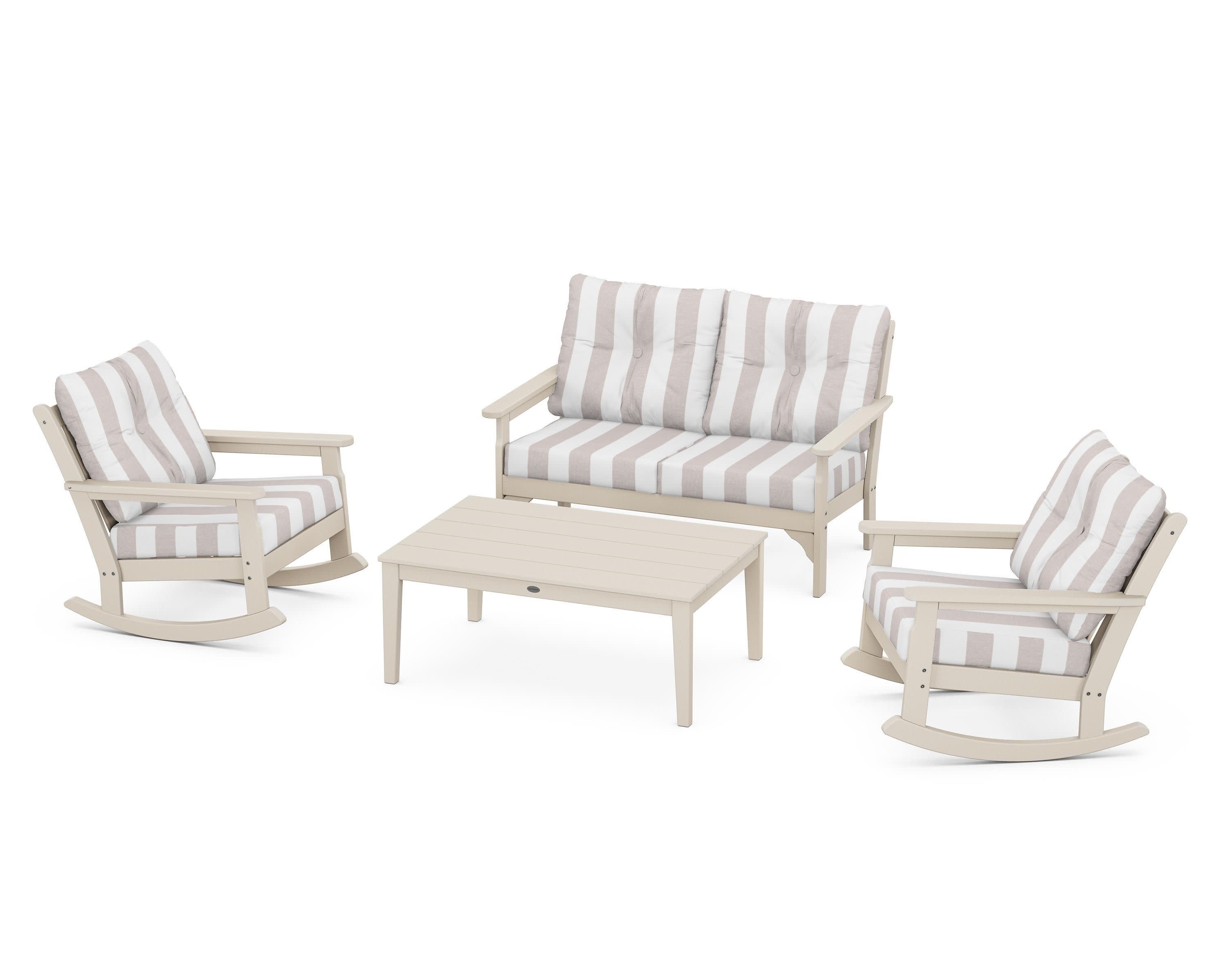 Vineyard 4-Piece Deep Seating Rocking Chair Set in Sand / Cabana Stripe Dune Burlap
